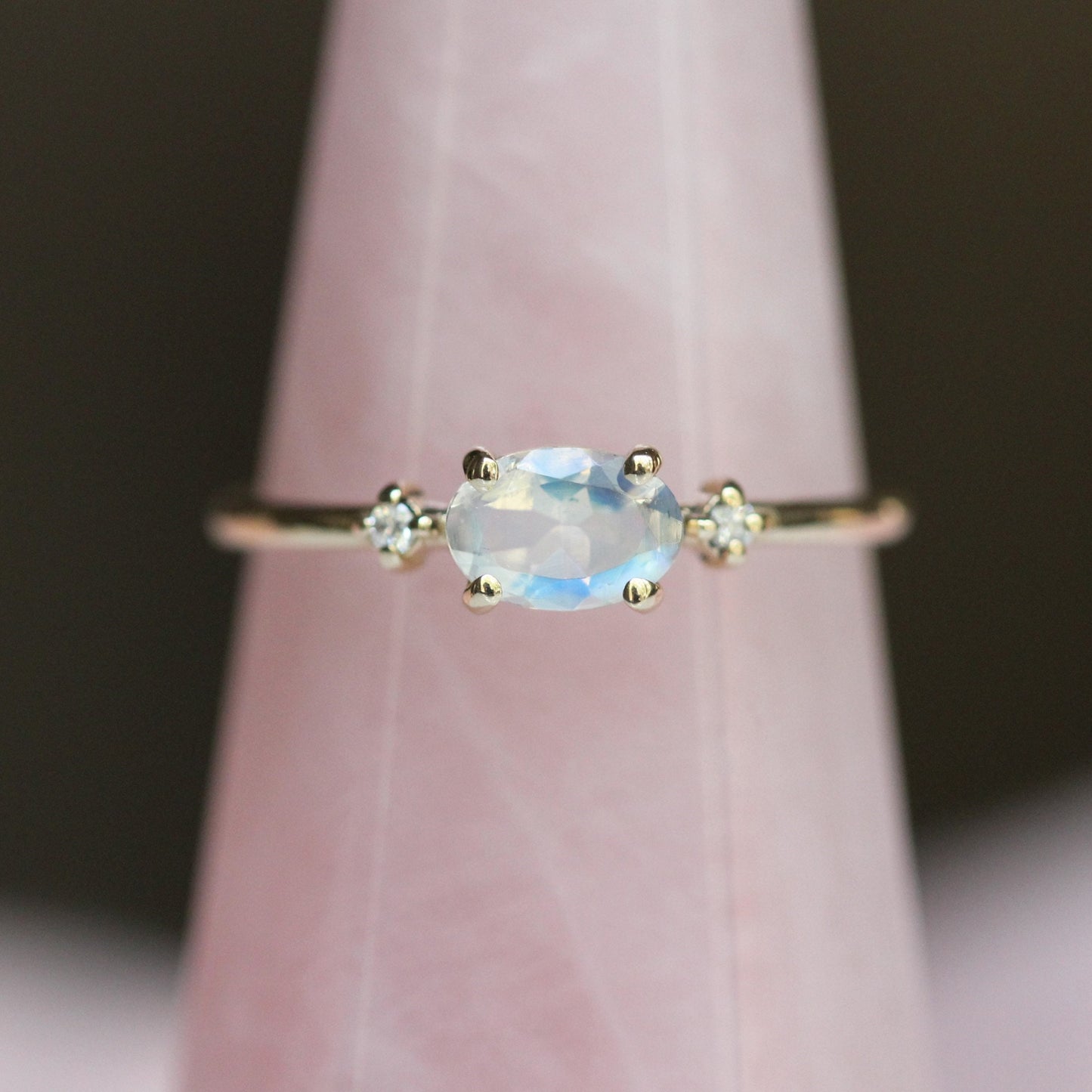 14K Gold Oval Moonstone Diamond Ring, 10K East West Oval, Moonstone Ring, Moonstone Oval Ring, Three Stone ring, Blue Flash Rainbow, Minimal