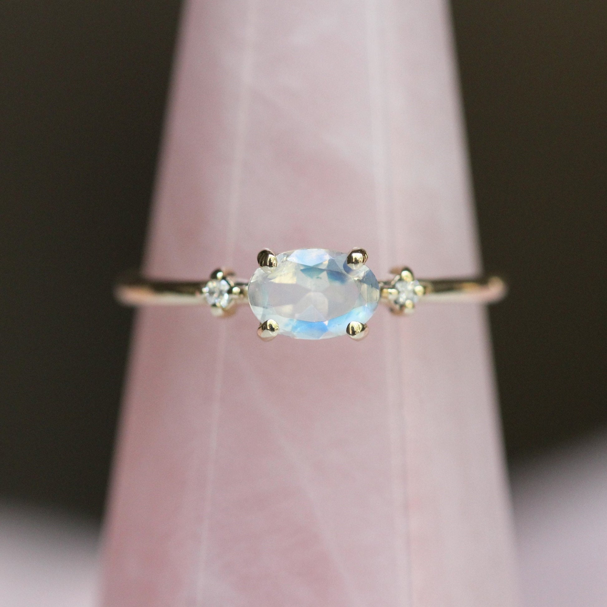 14K Gold Oval Moonstone Diamond Ring, 10K East West Oval, Moonstone Ring, Moonstone Oval Ring, Three Stone ring, Blue Flash Rainbow, Minimal