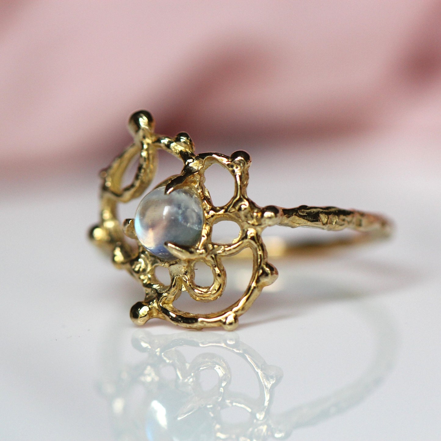 14K Gold Moonstone Lace Ring, Organix Texture Ring, Lace Inspired Ring, Rainbow Moonstone, One of a Kind, Statement Ring, 10K Gold