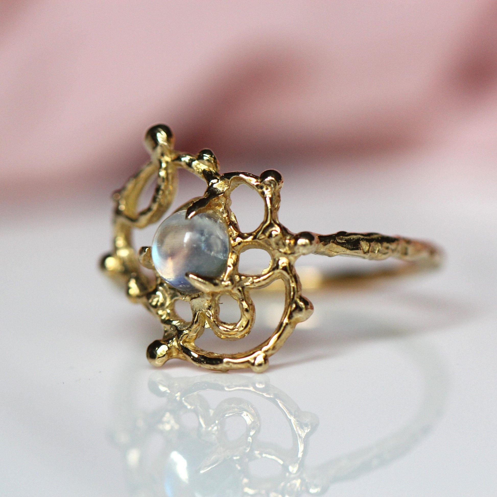 14K Gold Moonstone Lace Ring, Organix Texture Ring, Lace Inspired Ring, Rainbow Moonstone, One of a Kind, Statement Ring, 10K Gold