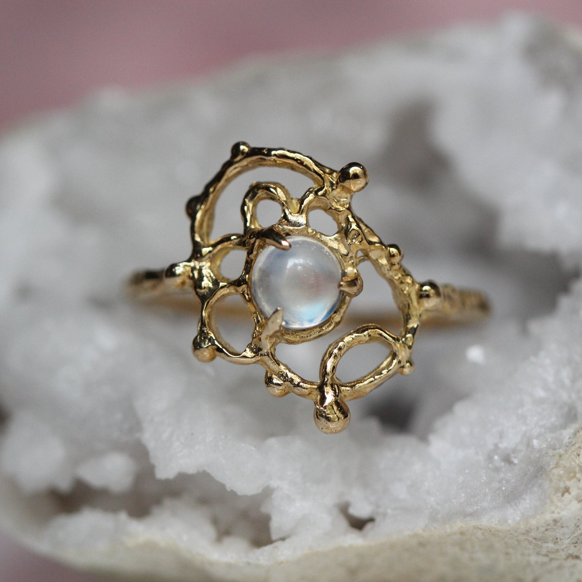 14K Gold Moonstone Lace Ring, Organix Texture Ring, Lace Inspired Ring, Rainbow Moonstone, One of a Kind, Statement Ring, 10K Gold
