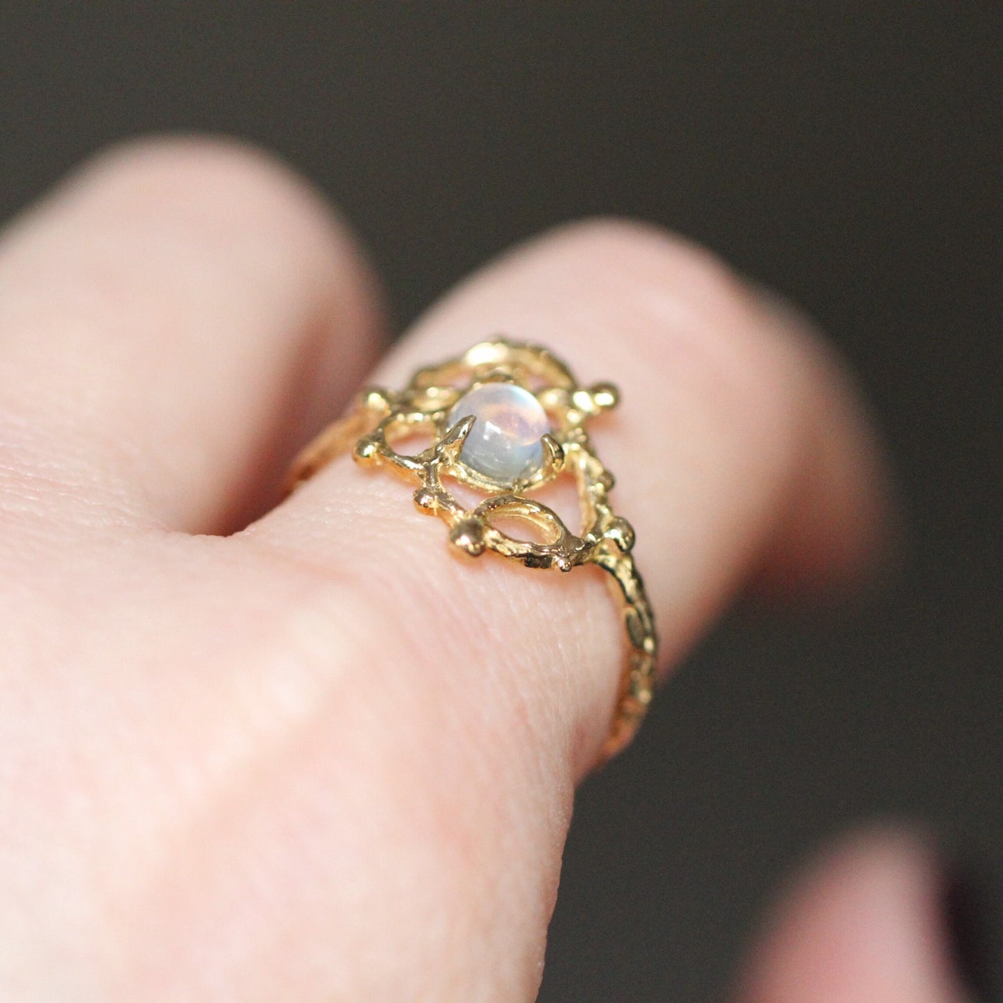 14K Gold Moonstone Lace Ring, Organix Texture Ring, Lace Inspired Ring, Rainbow Moonstone, One of a Kind, Statement Ring, 10K Gold