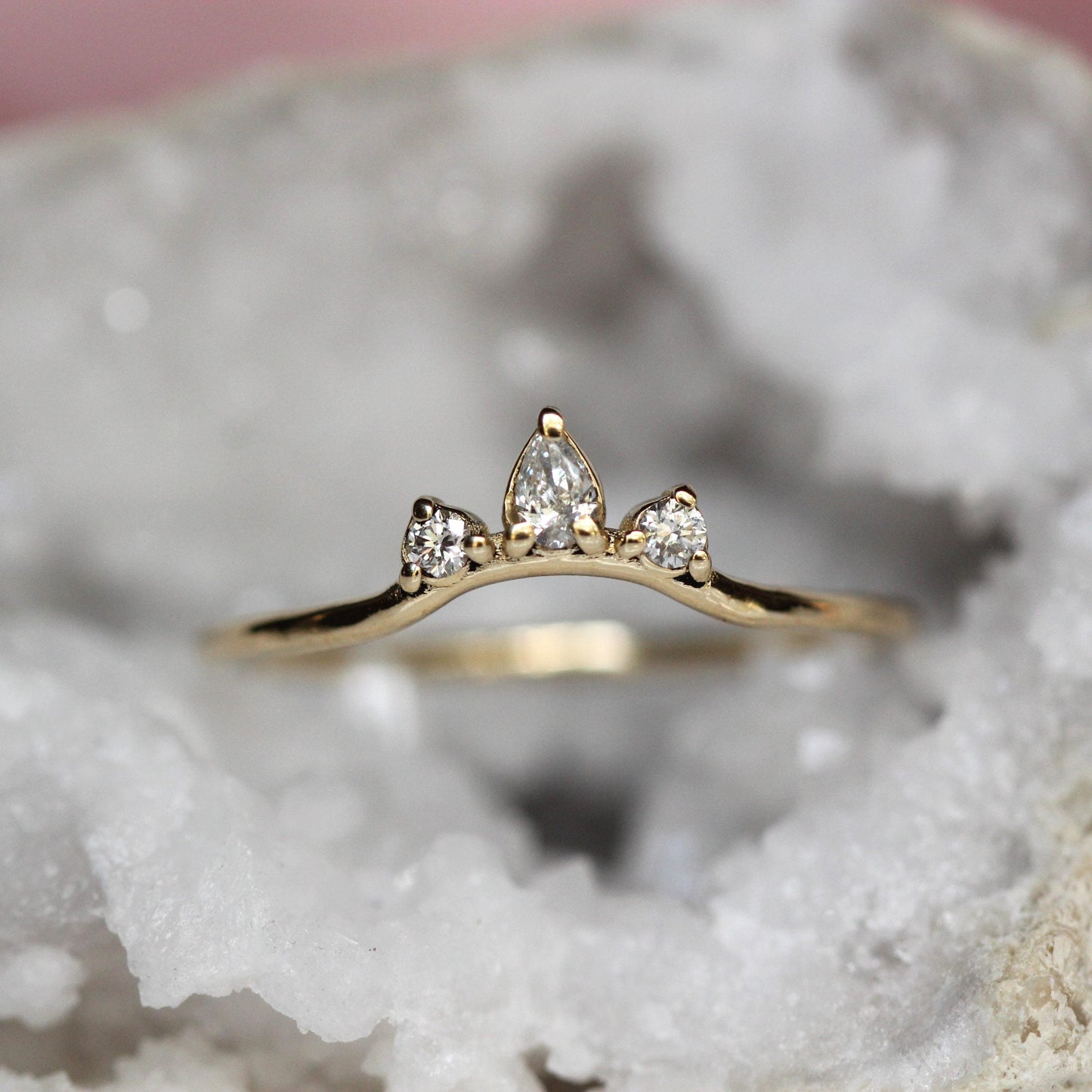14K Curved Pear Diamond Ring, Three Stone Ring, Wedding Band, Diamond Wedding Band, Curved Stacking Ring, Low Profile, Arched ring, 10K