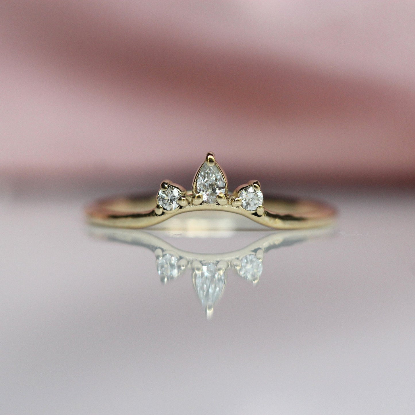 14K Curved Pear Diamond Ring, Three Stone Ring, Wedding Band, Diamond Wedding Band, Curved Stacking Ring, Low Profile, Arched ring, 10K