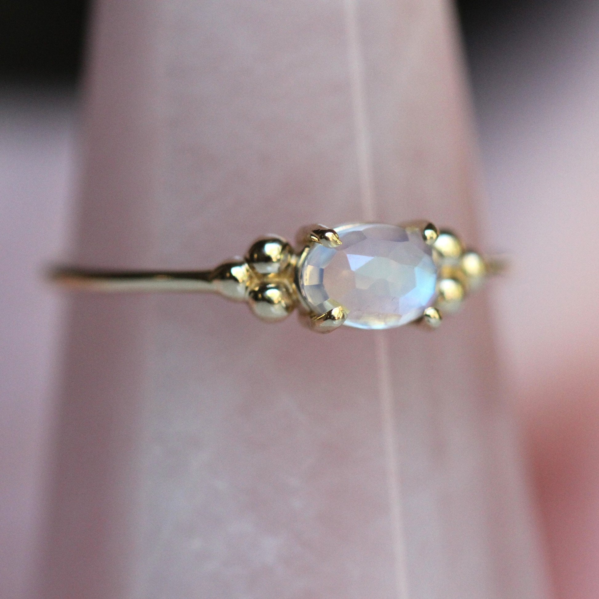 14K Triple Bead Moonstone Ring, Oval Moonstone Ring, Rainbow Moonstone, Gemstone Ring, Blue Flash, June Birthstone Ring, Oval Gemstone