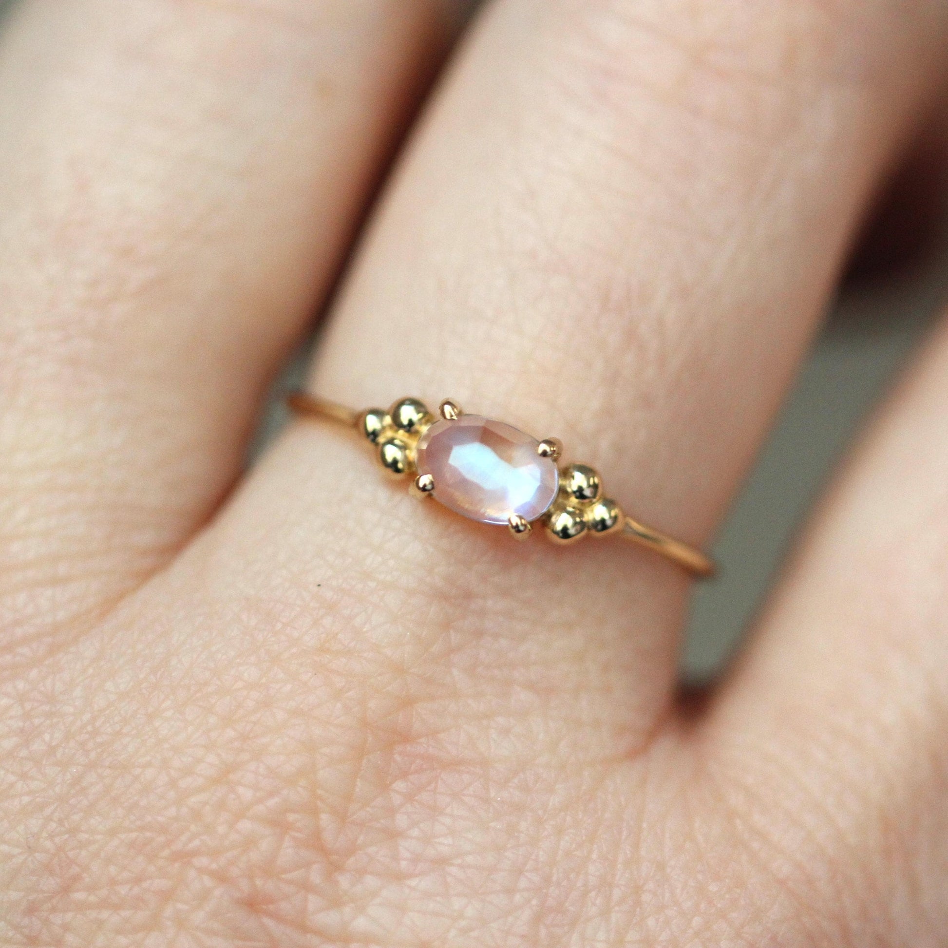 14K Triple Bead Moonstone Ring, Oval Moonstone Ring, Rainbow Moonstone, Gemstone Ring, Blue Flash, June Birthstone Ring, Oval Gemstone