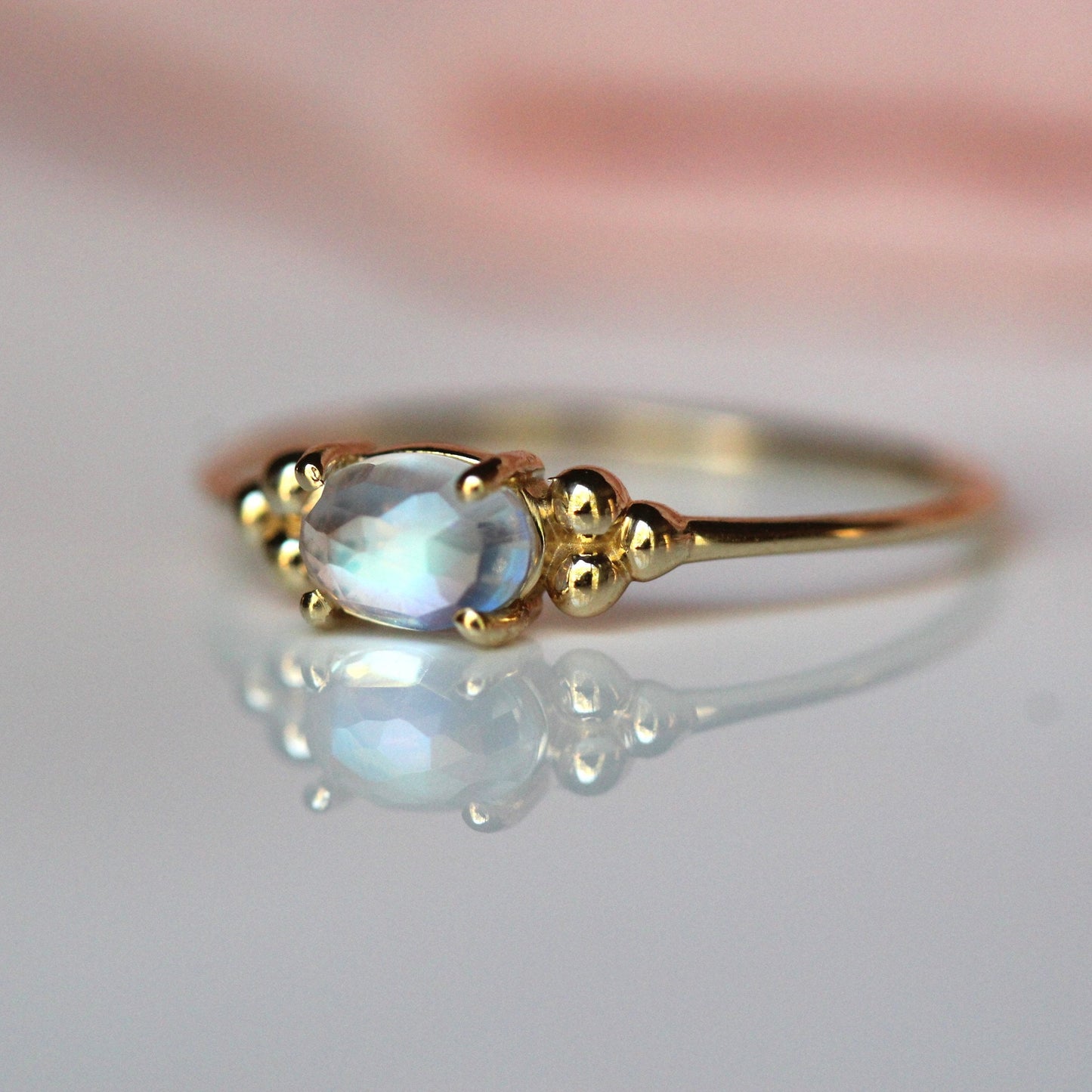 14K Triple Bead Moonstone Ring, Oval Moonstone Ring, Rainbow Moonstone, Gemstone Ring, Blue Flash, June Birthstone Ring, Oval Gemstone