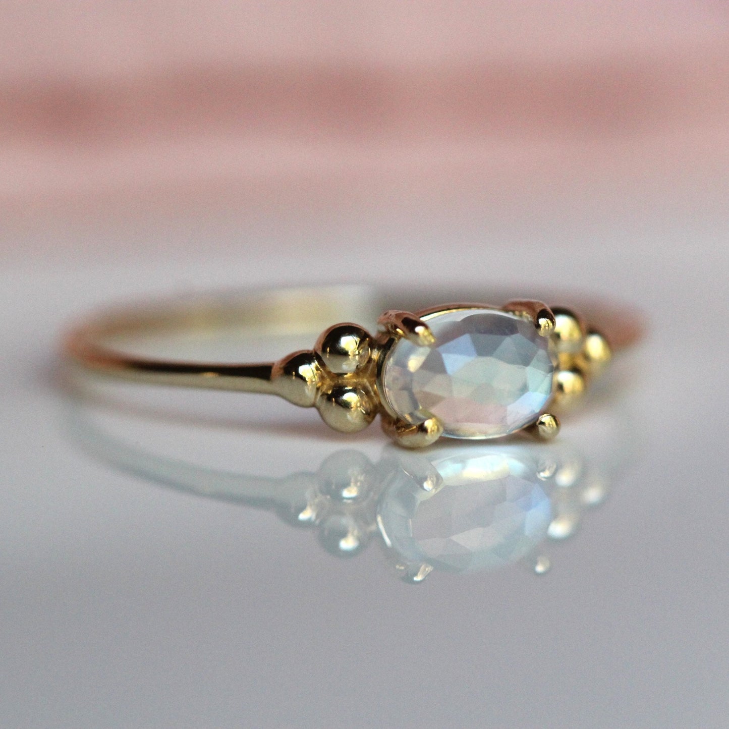 14K Triple Bead Moonstone Ring, Oval Moonstone Ring, Rainbow Moonstone, Gemstone Ring, Blue Flash, June Birthstone Ring, Oval Gemstone