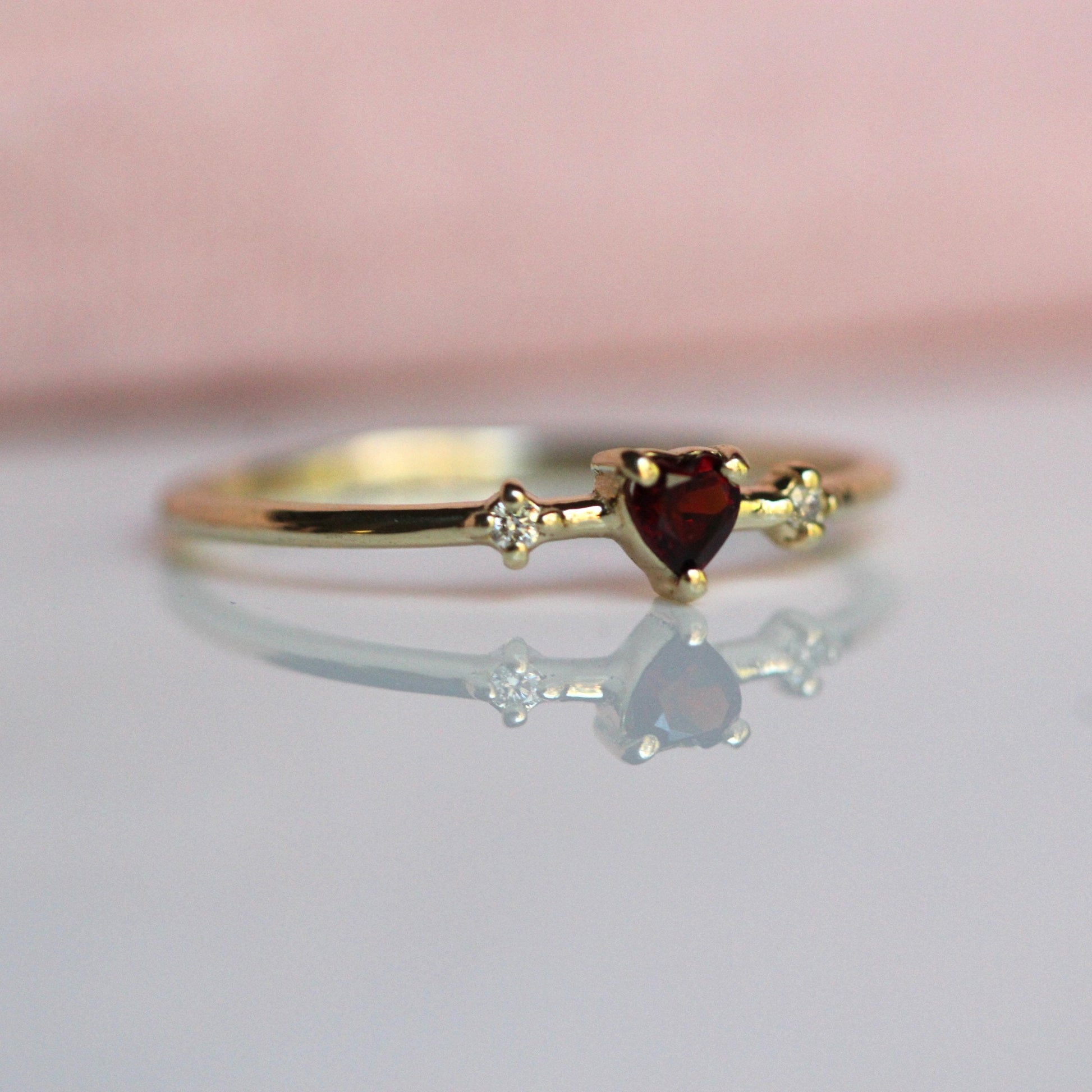 14K Garnet Heart Ring, Three Stone Ring, January Birthstone, 10K Gemstone Ring, Red Stone Ring, Tiny Heart Ring, Stacking, Diamond, Gold