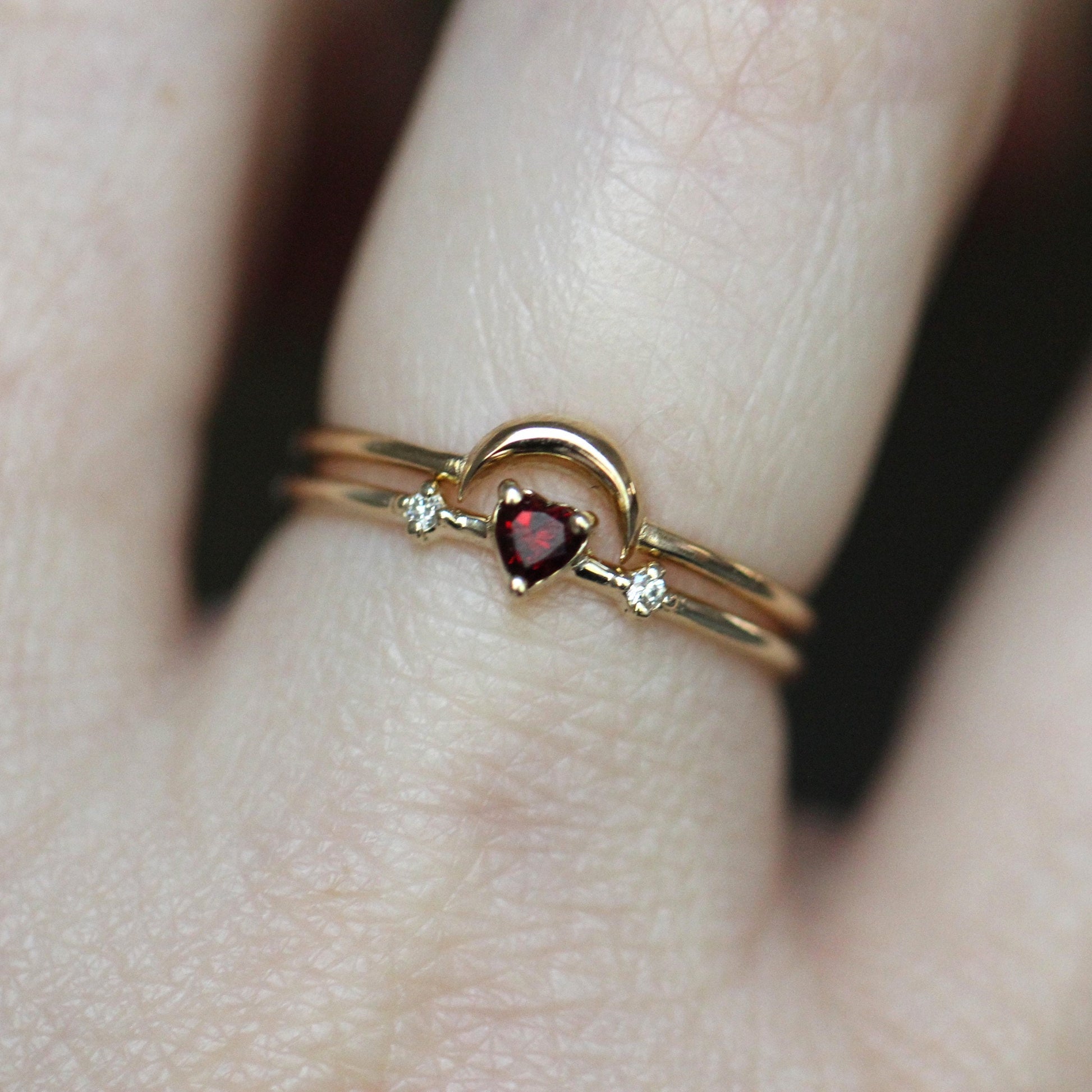 14K Garnet Heart Ring, Three Stone Ring, January Birthstone, 10K Gemstone Ring, Red Stone Ring, Tiny Heart Ring, Stacking, Diamond, Gold
