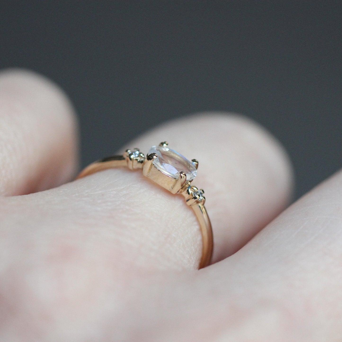 14K Gold Oval Moonstone Diamond Ring, 10K East West Oval, Moonstone Ring, Moonstone Oval Ring, Three Stone ring, Blue Flash Rainbow, Minimal