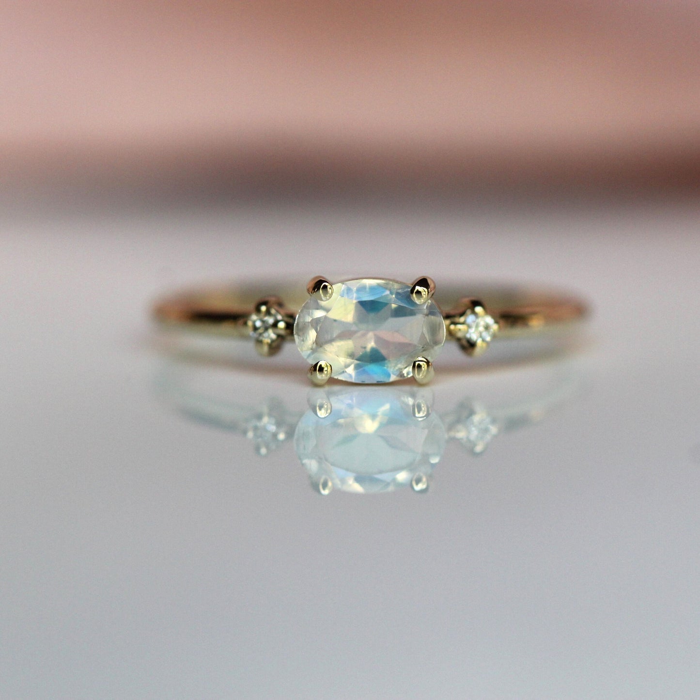 14K Gold Oval Moonstone Diamond Ring, 10K East West Oval, Moonstone Ring, Moonstone Oval Ring, Three Stone ring, Blue Flash Rainbow, Minimal