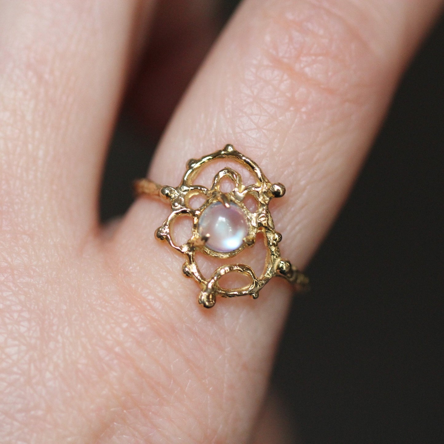 14K Gold Moonstone Lace Ring, Organix Texture Ring, Lace Inspired Ring, Rainbow Moonstone, One of a Kind, Statement Ring, 10K Gold