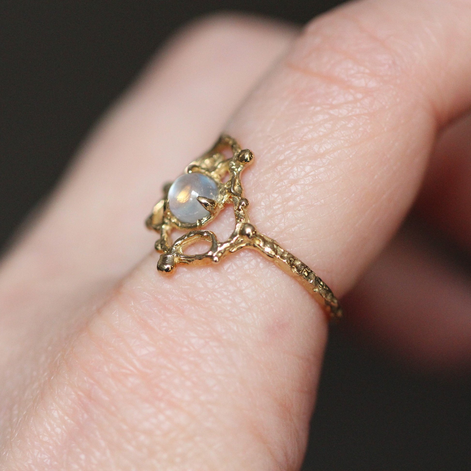 14K Gold Moonstone Lace Ring, Organix Texture Ring, Lace Inspired Ring, Rainbow Moonstone, One of a Kind, Statement Ring, 10K Gold