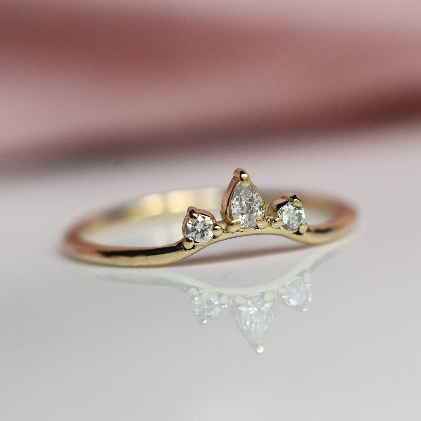 14K Curved Pear Diamond Ring, Three Stone Ring, Wedding Band, Diamond Wedding Band, Curved Stacking Ring, Low Profile, Arched ring, 10K