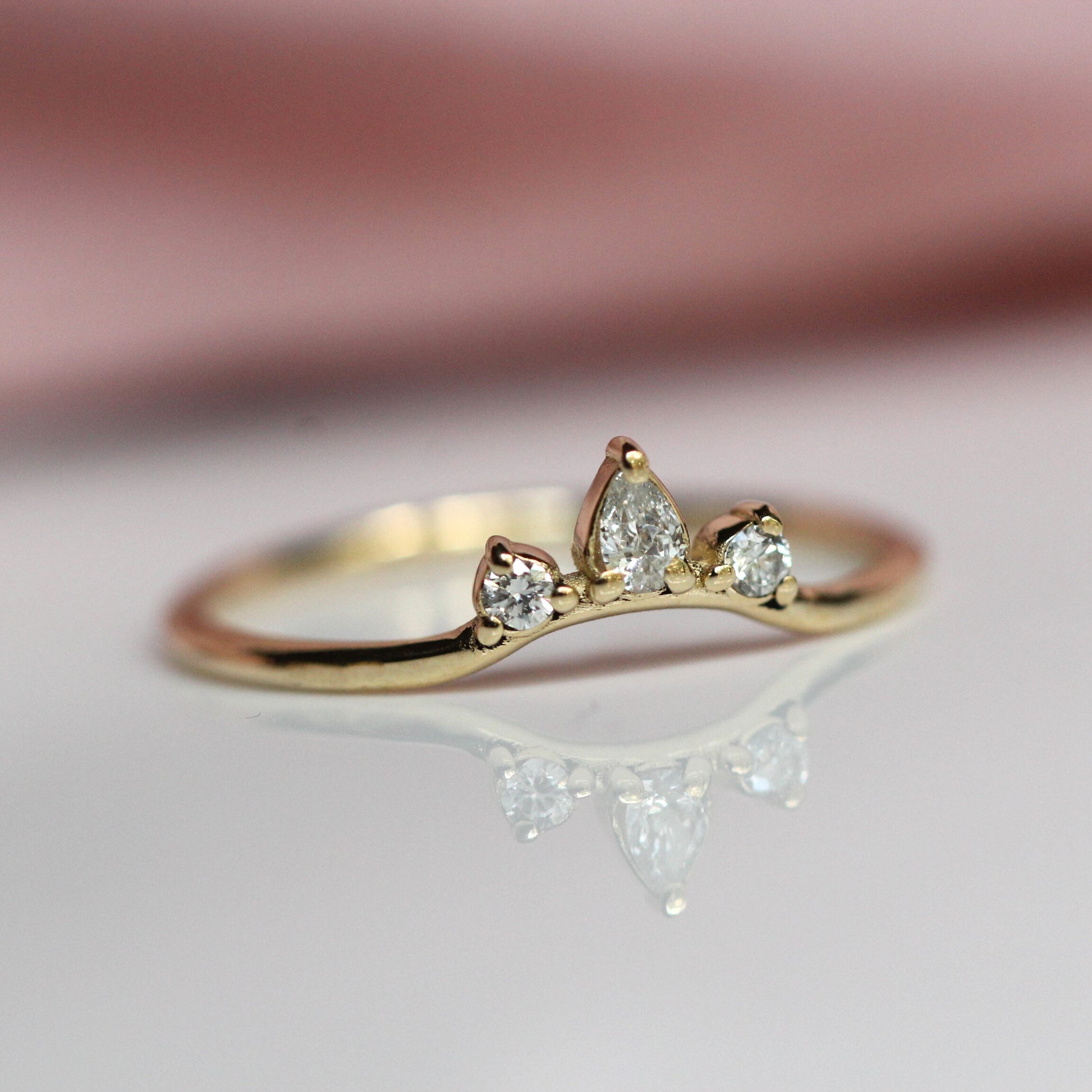 14K Curved Pear Diamond Ring, Three Stone Ring, Wedding Band, Diamond Wedding Band, Curved Stacking Ring, Low Profile, Arched ring, 10K