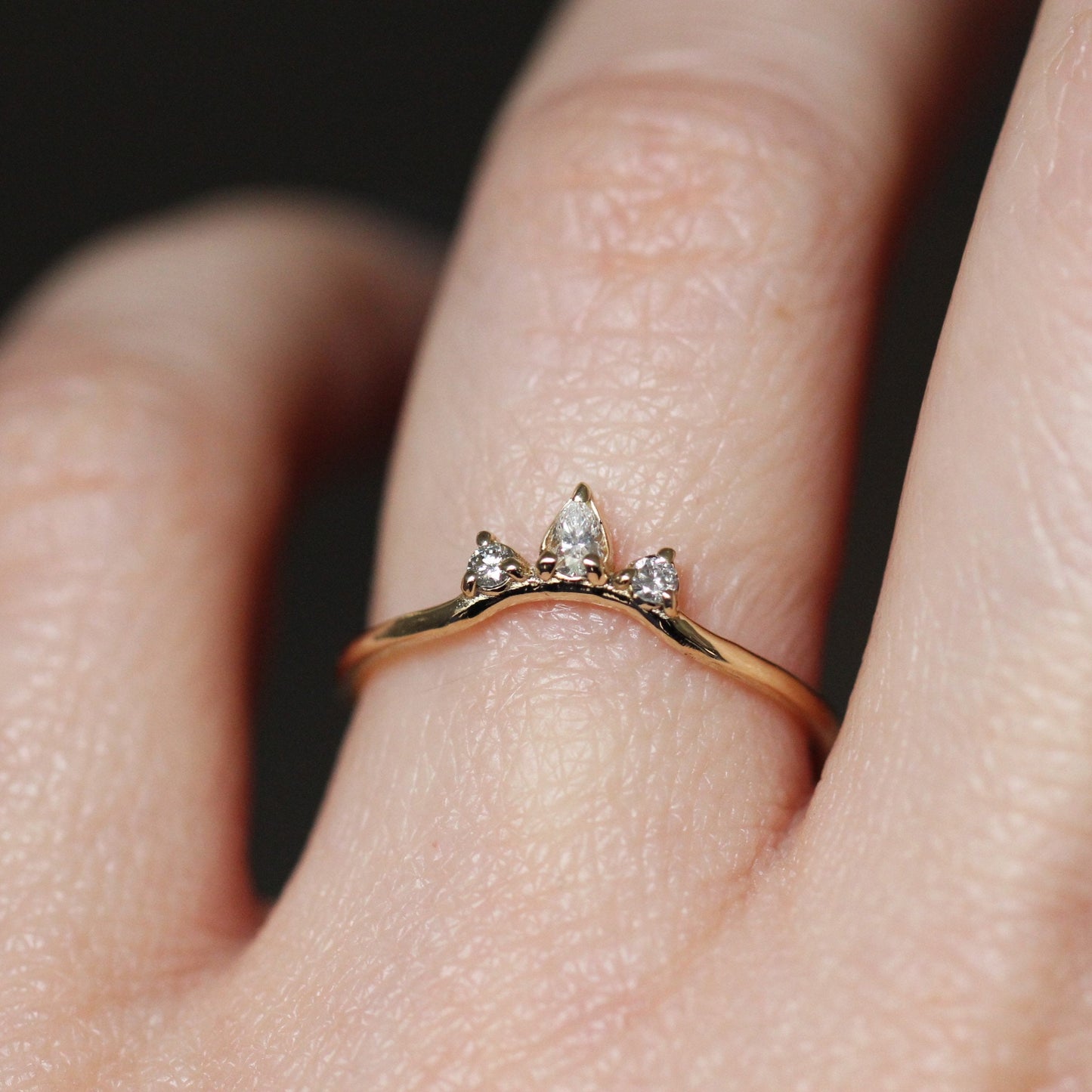 14K Curved Pear Diamond Ring, Three Stone Ring, Wedding Band, Diamond Wedding Band, Curved Stacking Ring, Low Profile, Arched ring, 10K