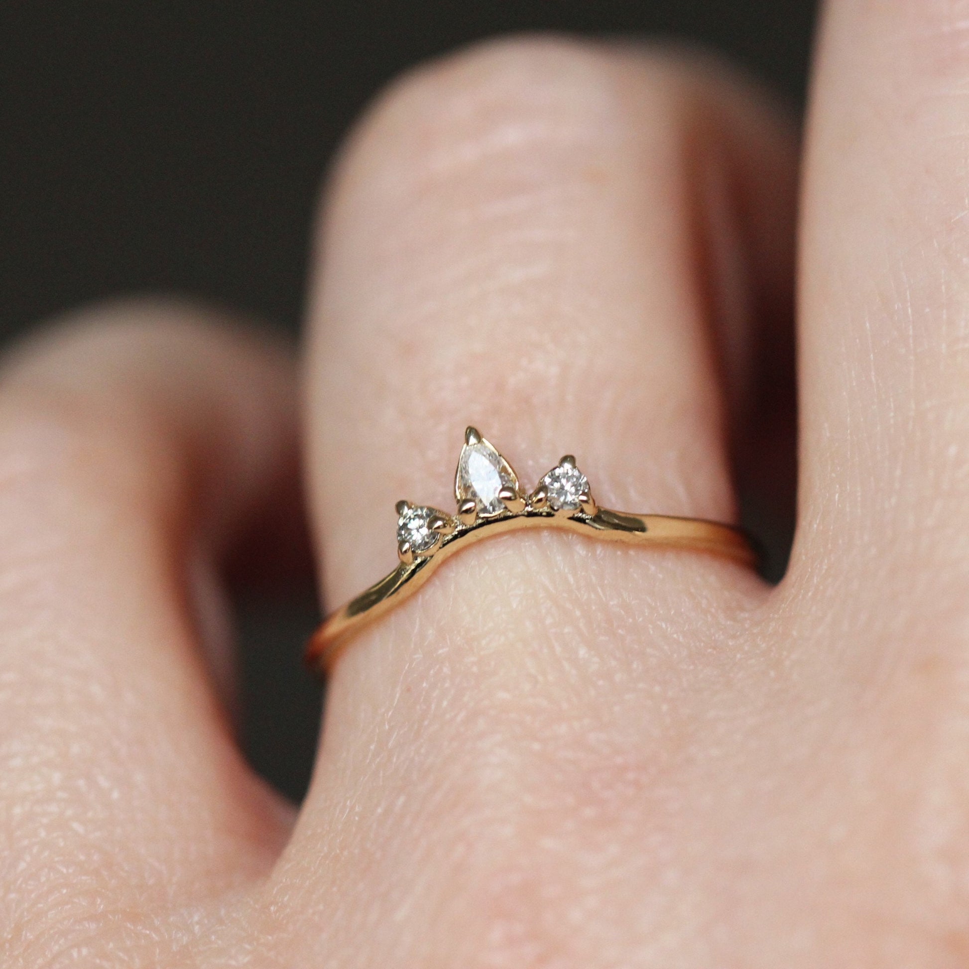 14K Curved Pear Diamond Ring, Three Stone Ring, Wedding Band, Diamond Wedding Band, Curved Stacking Ring, Low Profile, Arched ring, 10K