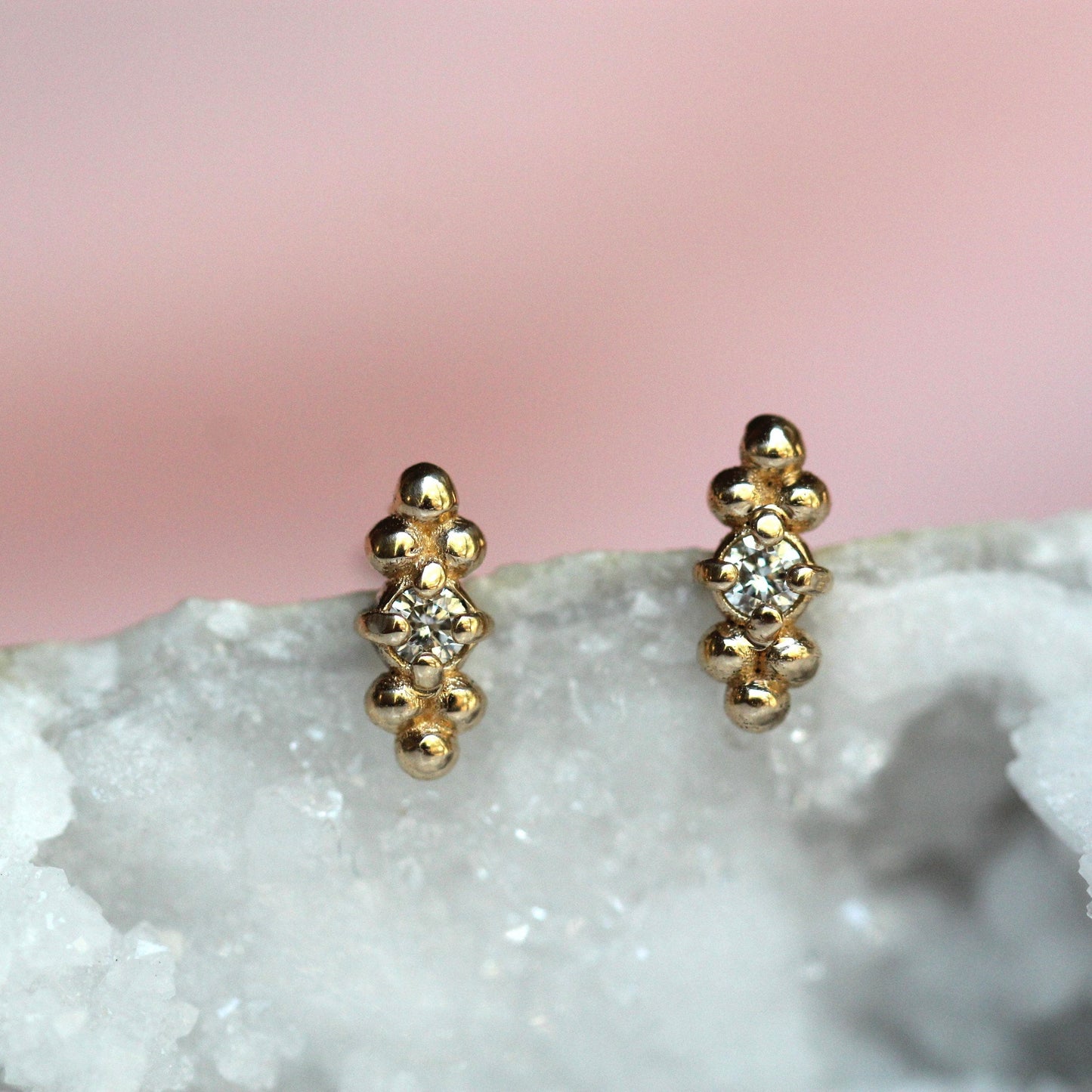 14K Diamond Triple Bead Stud, Bar Stud, Bead Accented Earring, Diamond Earring, April Birthstone, Solid Gold Studs, Post Earrings, Gold
