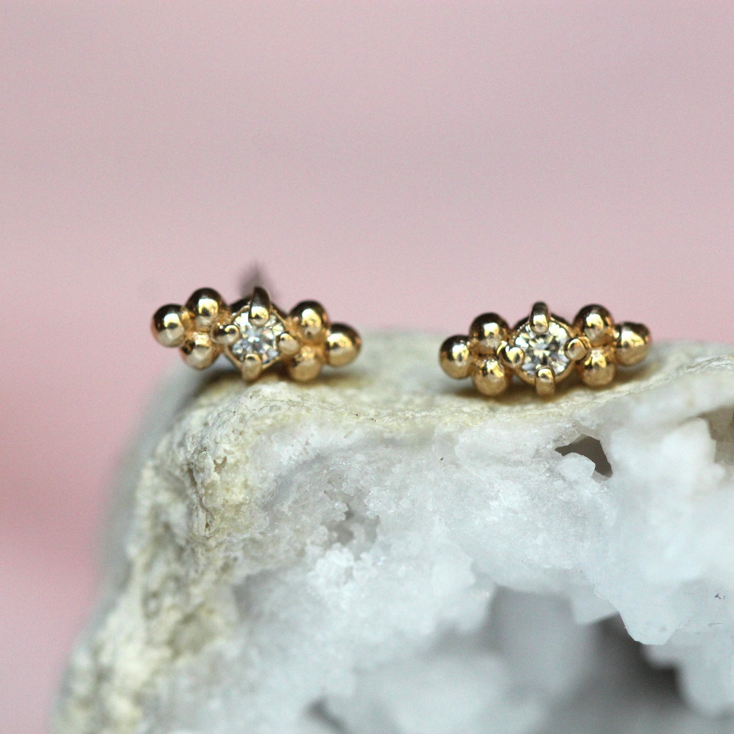 14K Diamond Triple Bead Stud, Bar Stud, Bead Accented Earring, Diamond Earring, April Birthstone, Solid Gold Studs, Post Earrings, Gold