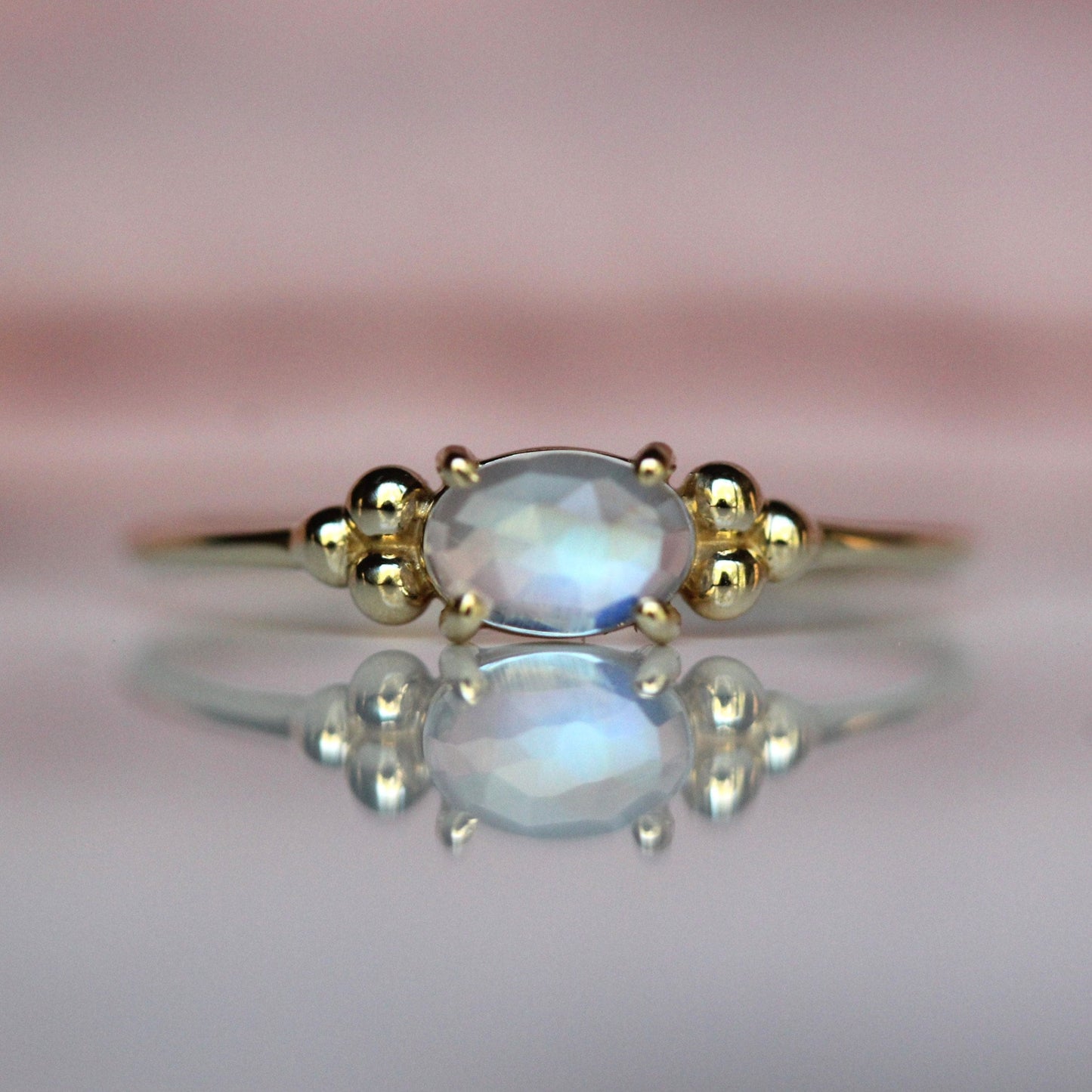 14K Triple Bead Moonstone Ring, Oval Moonstone Ring, Rainbow Moonstone, Gemstone Ring, Blue Flash, June Birthstone Ring, Oval Gemstone