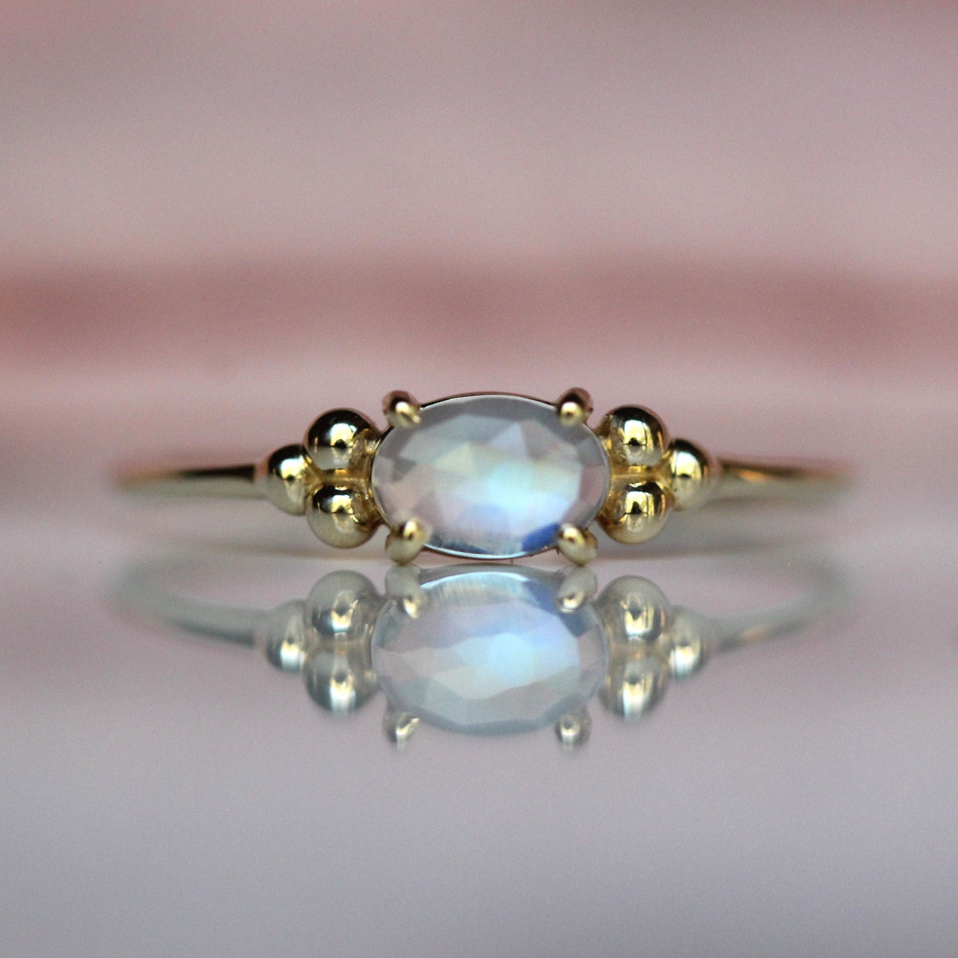 14K Triple Bead Moonstone Ring, Oval Moonstone Ring, Rainbow Moonstone, Gemstone Ring, Blue Flash, June Birthstone Ring, Oval Gemstone