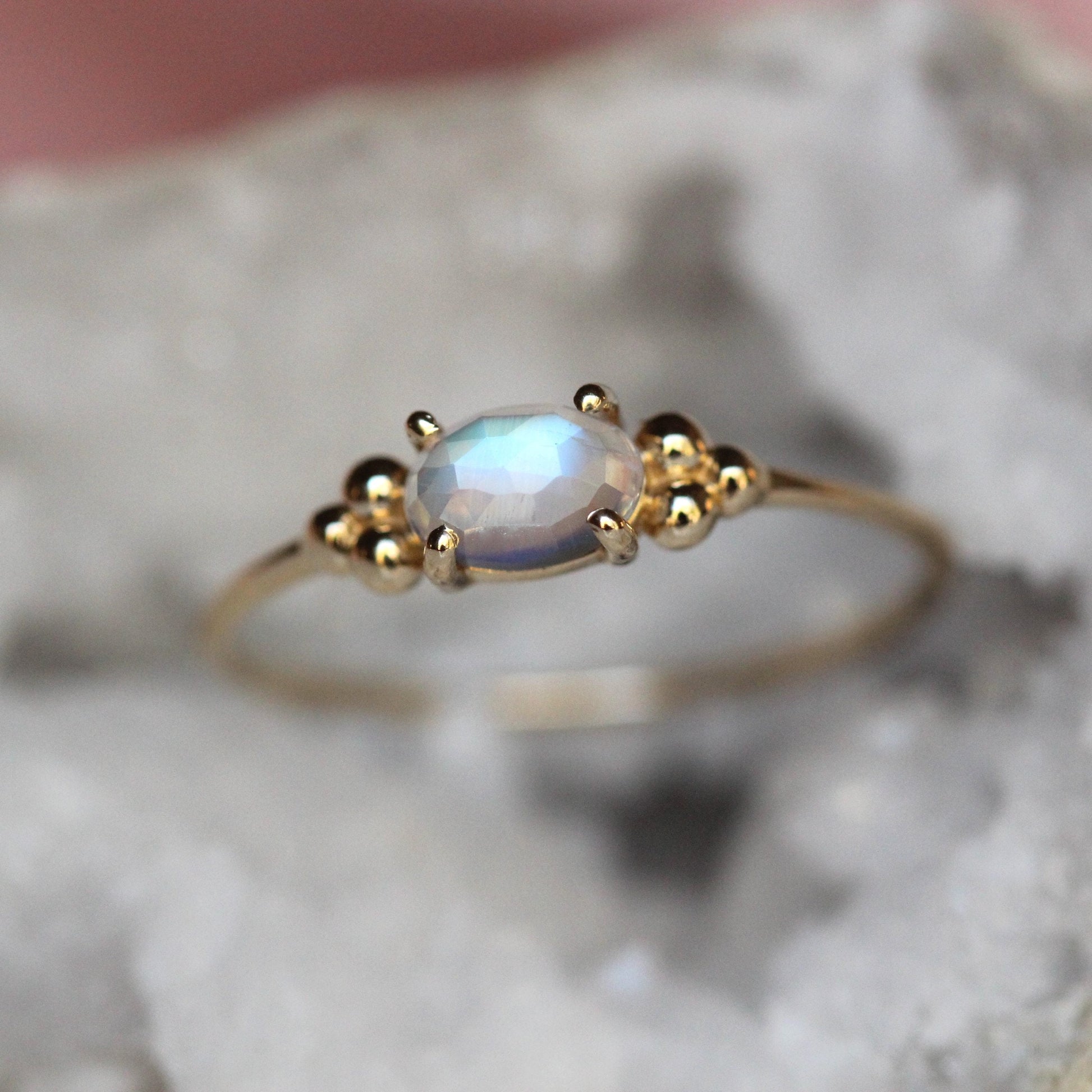 14K Triple Bead Moonstone Ring, Oval Moonstone Ring, Rainbow Moonstone, Gemstone Ring, Blue Flash, June Birthstone Ring, Oval Gemstone