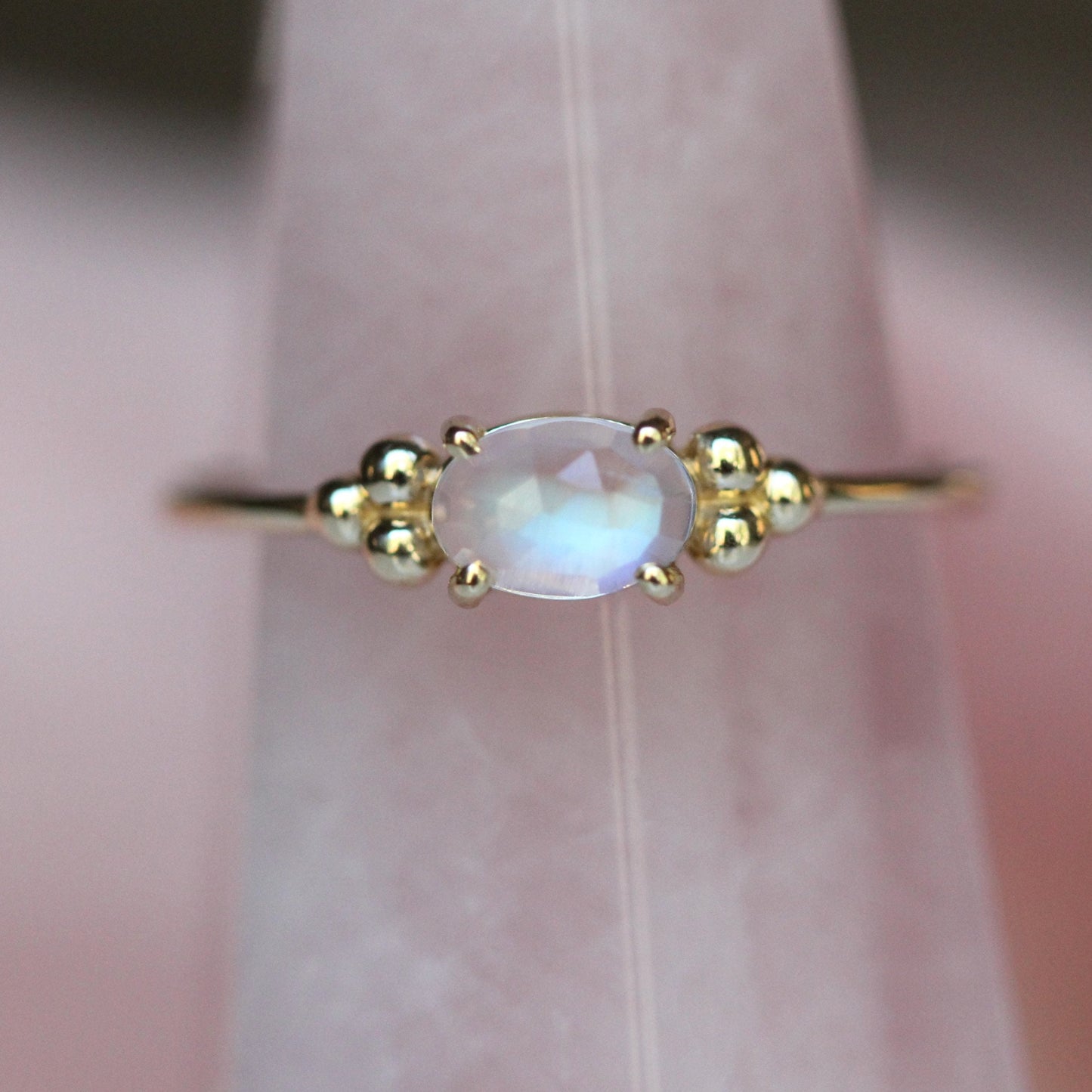 14K Triple Bead Moonstone Ring, Oval Moonstone Ring, Rainbow Moonstone, Gemstone Ring, Blue Flash, June Birthstone Ring, Oval Gemstone