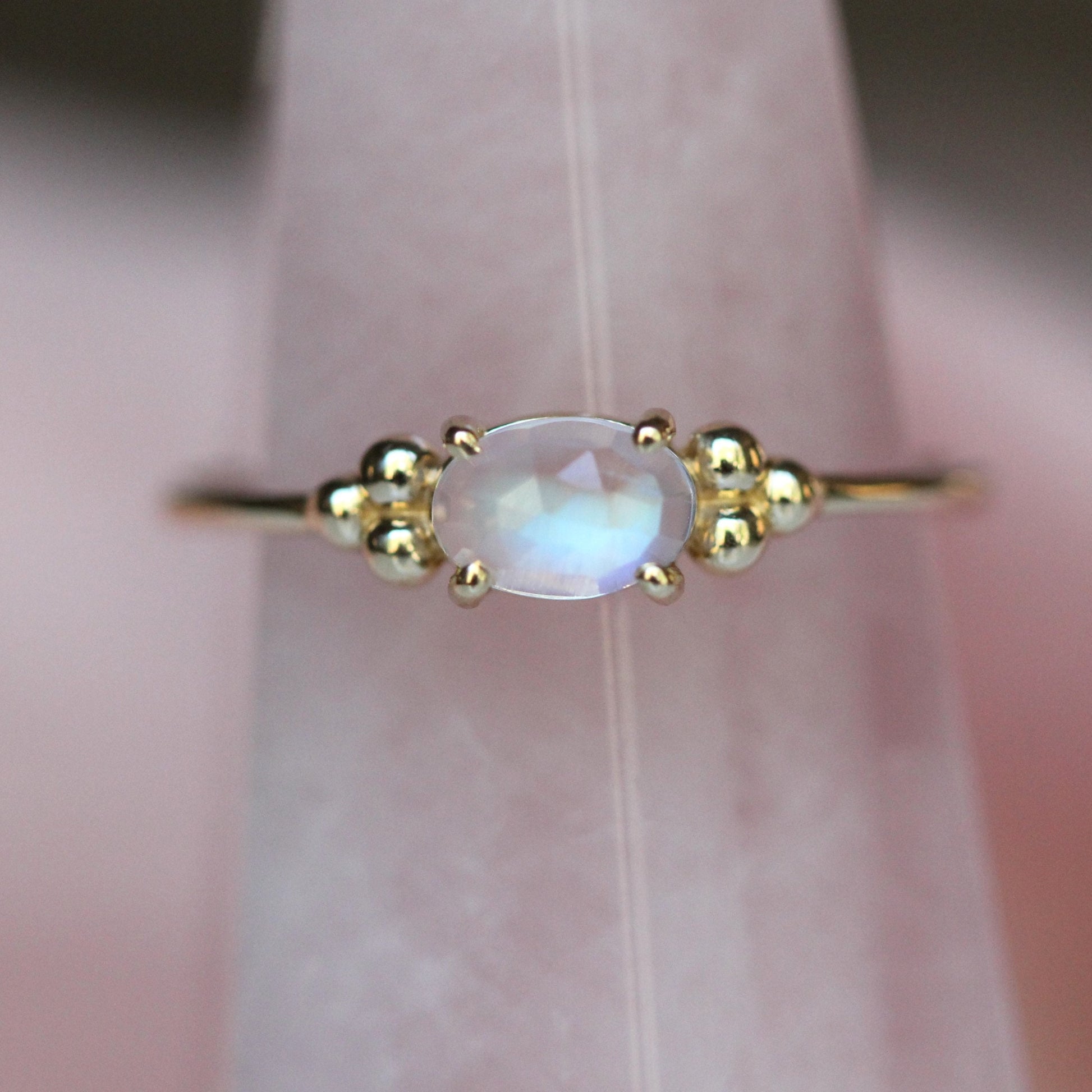14K Triple Bead Moonstone Ring, Oval Moonstone Ring, Rainbow Moonstone, Gemstone Ring, Blue Flash, June Birthstone Ring, Oval Gemstone