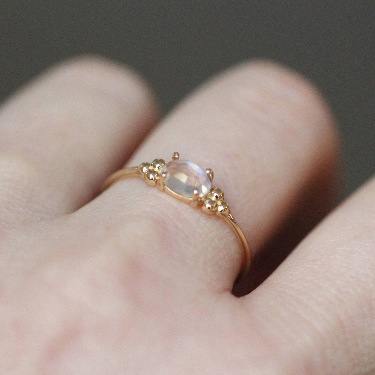 14K Triple Bead Moonstone Ring, Oval Moonstone Ring, Rainbow Moonstone, Gemstone Ring, Blue Flash, June Birthstone Ring, Oval Gemstone