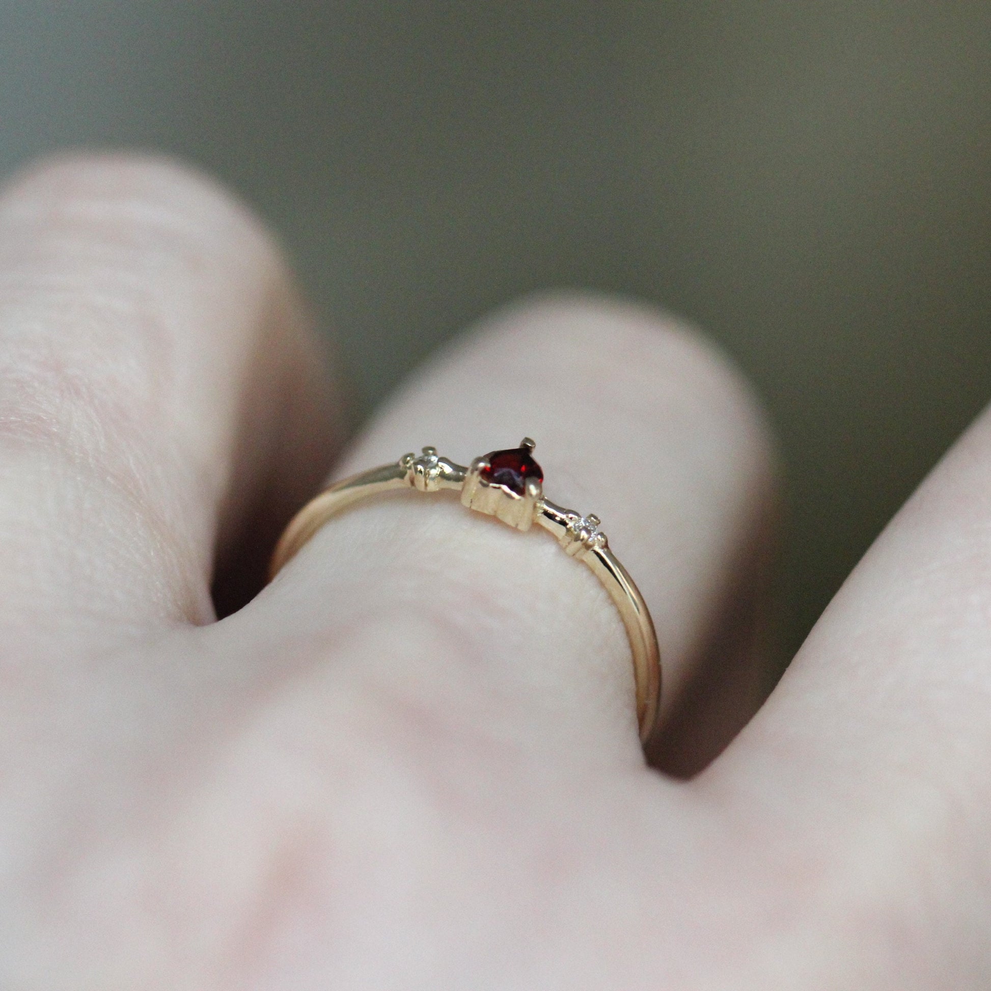 14K Garnet Heart Ring, Three Stone Ring, January Birthstone, 10K Gemstone Ring, Red Stone Ring, Tiny Heart Ring, Stacking, Diamond, Gold