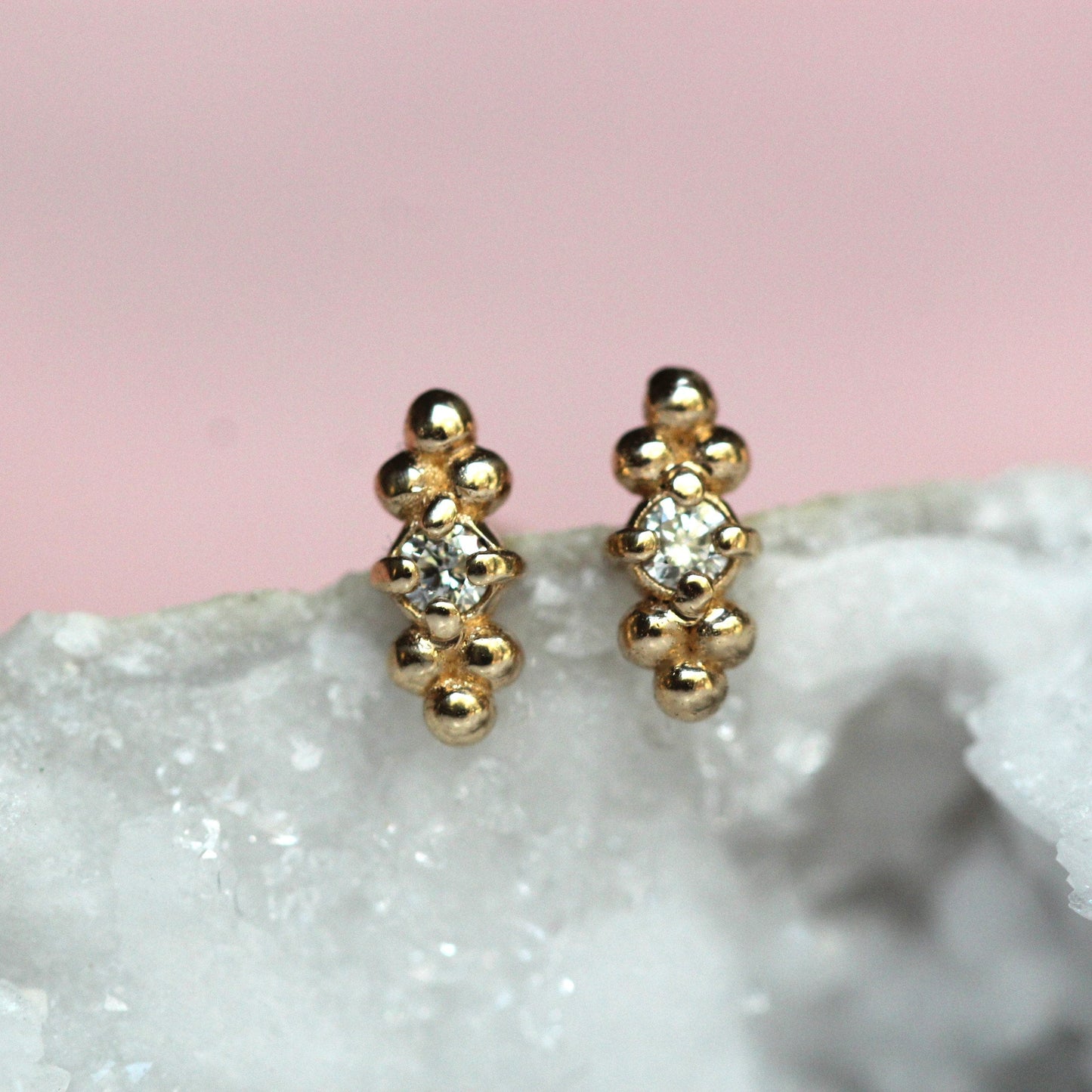 14K Diamond Triple Bead Stud, Bar Stud, Bead Accented Earring, Diamond Earring, April Birthstone, Solid Gold Studs, Post Earrings, Gold