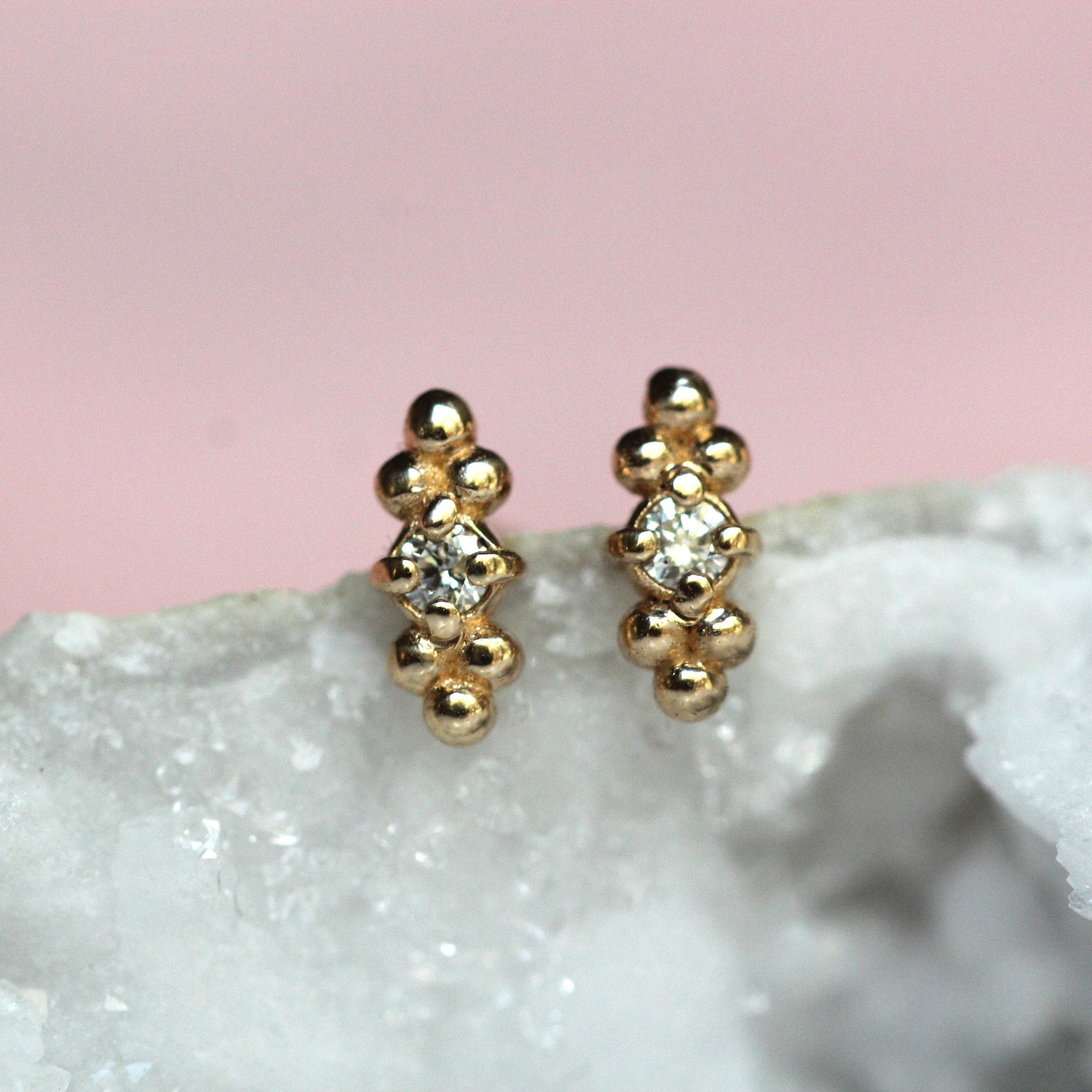 14K Diamond Triple Bead Stud, Bar Stud, Bead Accented Earring, Diamond Earring, April Birthstone, Solid Gold Studs, Post Earrings, Gold