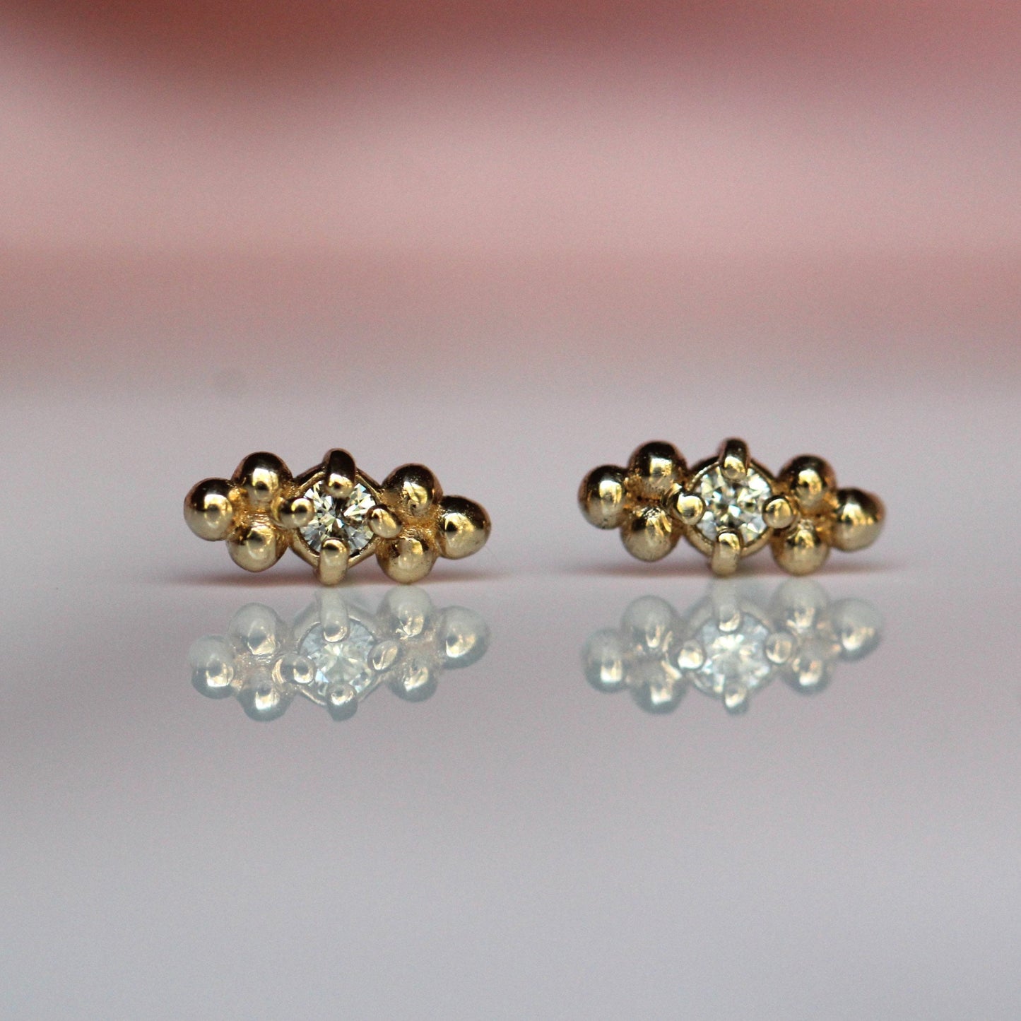 14K Diamond Triple Bead Stud, Bar Stud, Bead Accented Earring, Diamond Earring, April Birthstone, Solid Gold Studs, Post Earrings, Gold