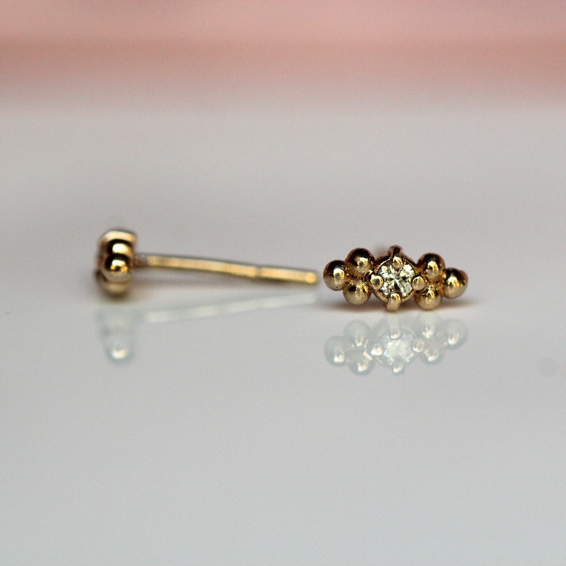 14K Diamond Triple Bead Stud, Bar Stud, Bead Accented Earring, Diamond Earring, April Birthstone, Solid Gold Studs, Post Earrings, Gold