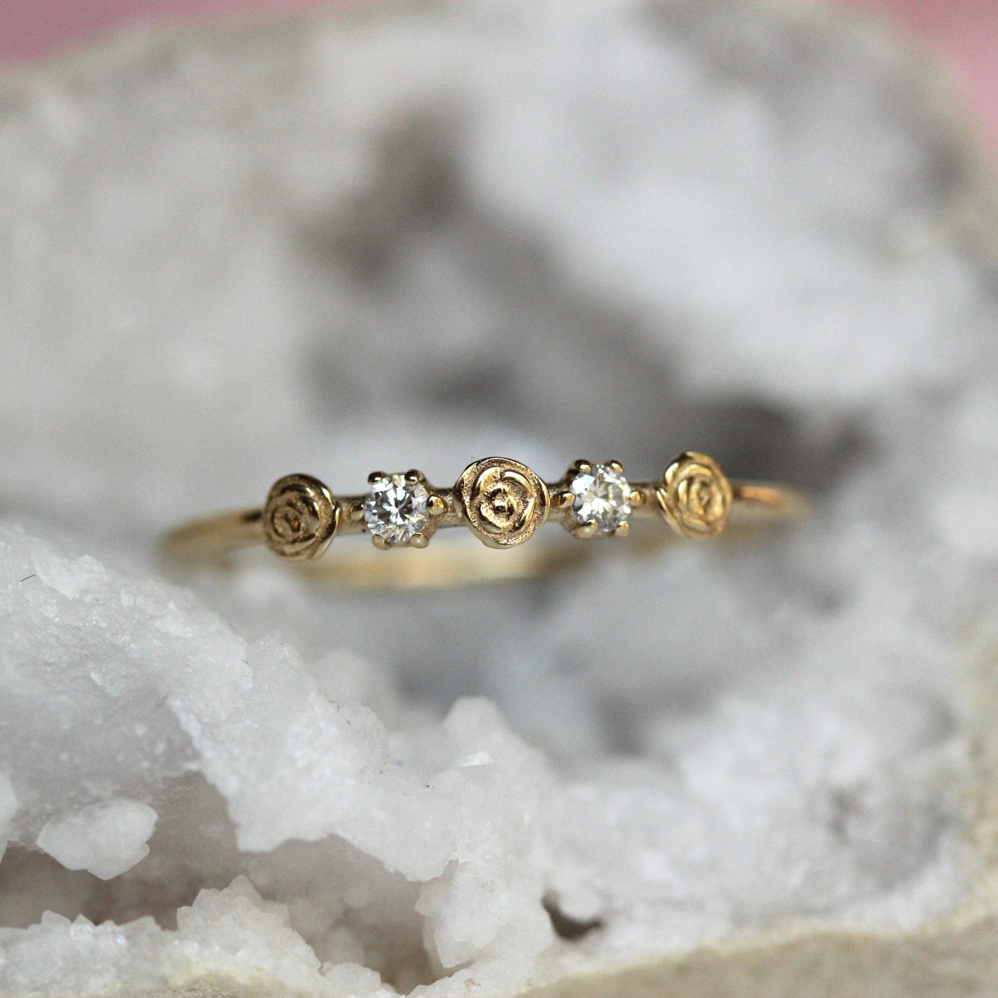 14K Triple Flower Ring, Diamond Rose Ring, Boquete Ring, Stacking Ring, 10K Gold, Real Gold, Solid Gold, Dainty Flower Ring, Rose Ring