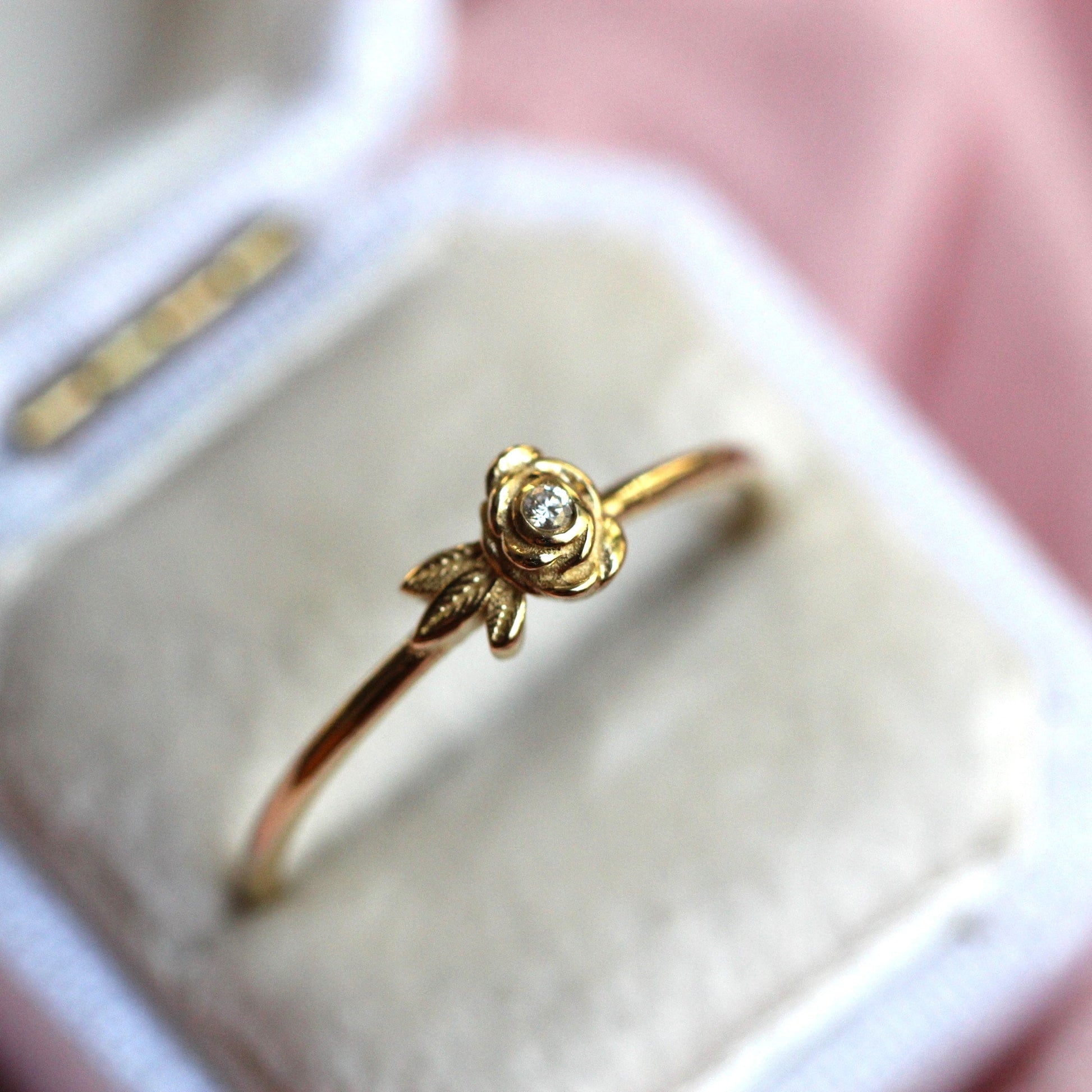14K Gold Single Rose Ring, Diamond Rose Ring, Single Flower Ring, Stacking Flower Ring, Petite Flower Ring, Gifts for her, Diamond Ring