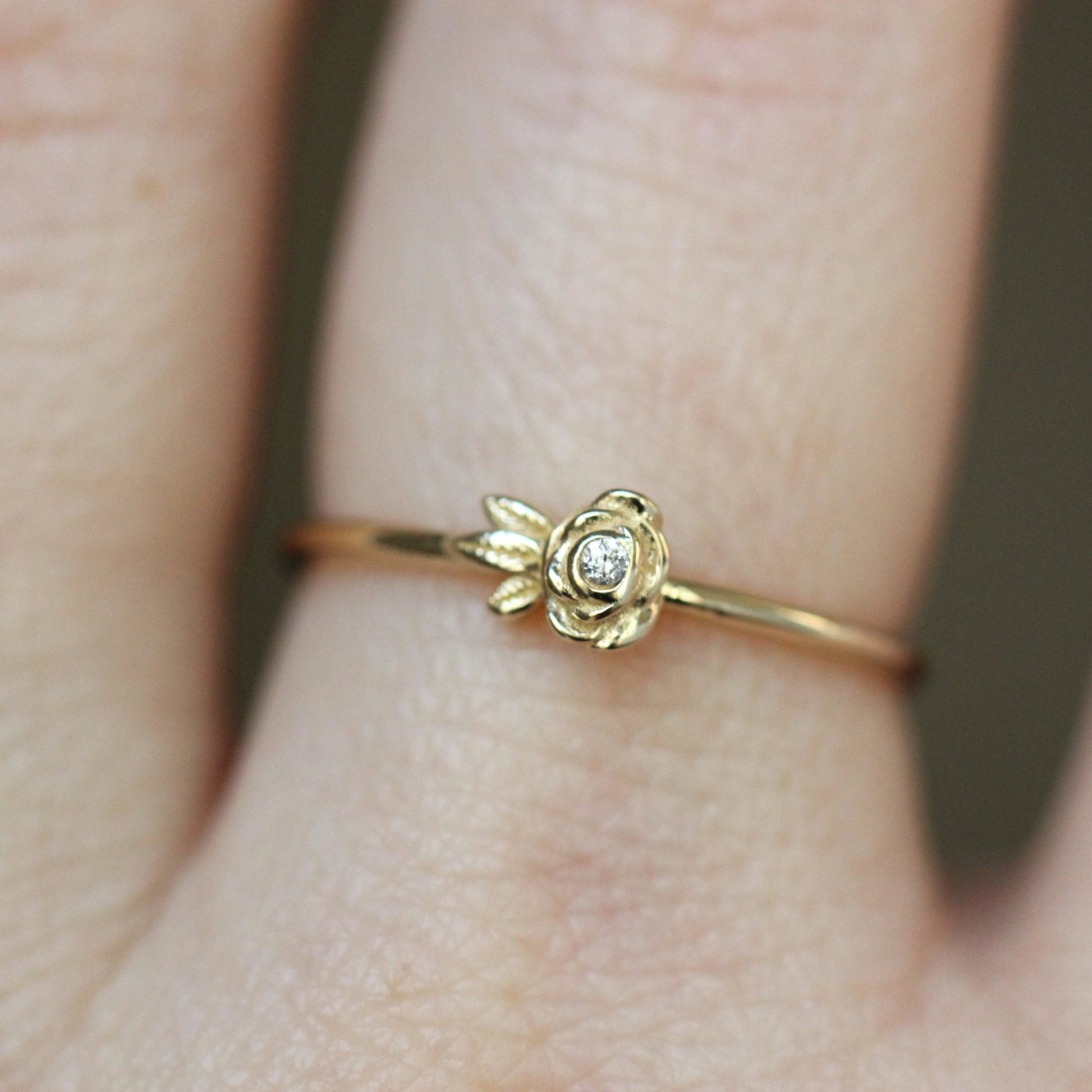 14K Gold Single Rose Ring, Diamond Rose Ring, Single Flower Ring, Stacking Flower Ring, Petite Flower Ring, Gifts for her, Diamond Ring