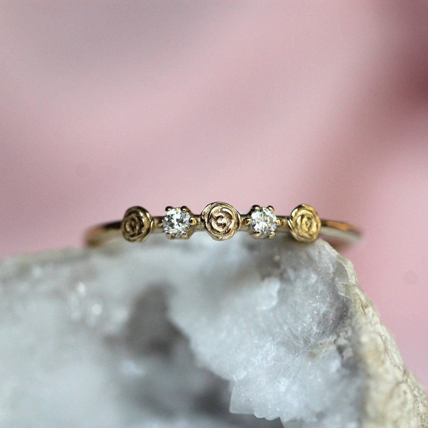 14K Triple Flower Ring, Diamond Rose Ring, Boquete Ring, Stacking Ring, 10K Gold, Real Gold, Solid Gold, Dainty Flower Ring, Rose Ring