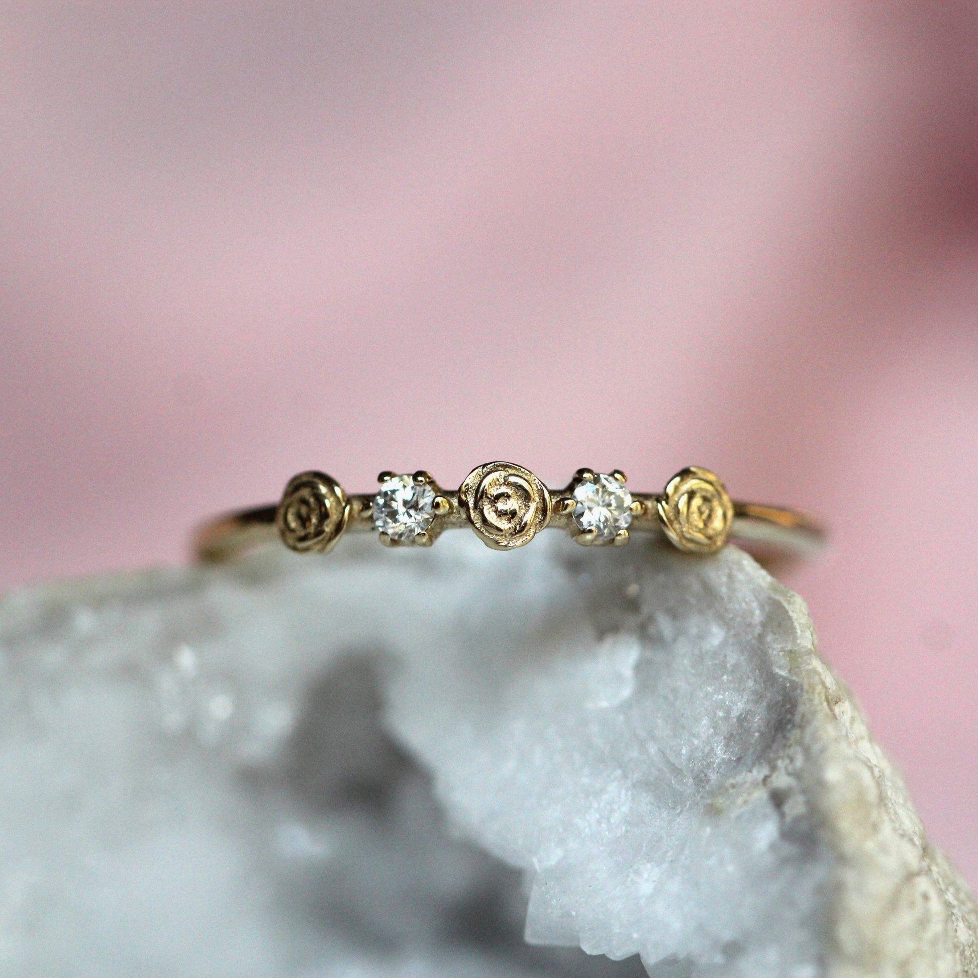 14K Triple Flower Ring, Diamond Rose Ring, Boquete Ring, Stacking Ring, 10K Gold, Real Gold, Solid Gold, Dainty Flower Ring, Rose Ring