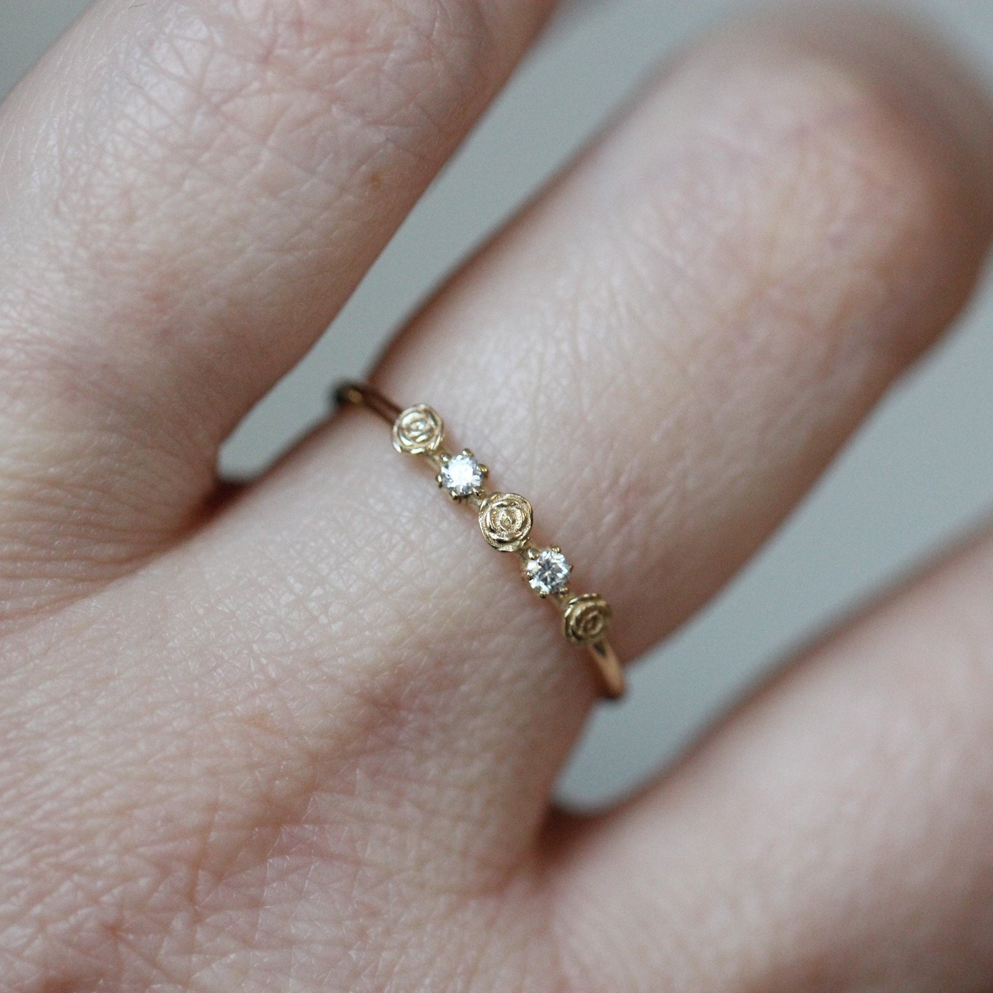14K Triple Flower Ring, Diamond Rose Ring, Boquete Ring, Stacking Ring, 10K Gold, Real Gold, Solid Gold, Dainty Flower Ring, Rose Ring
