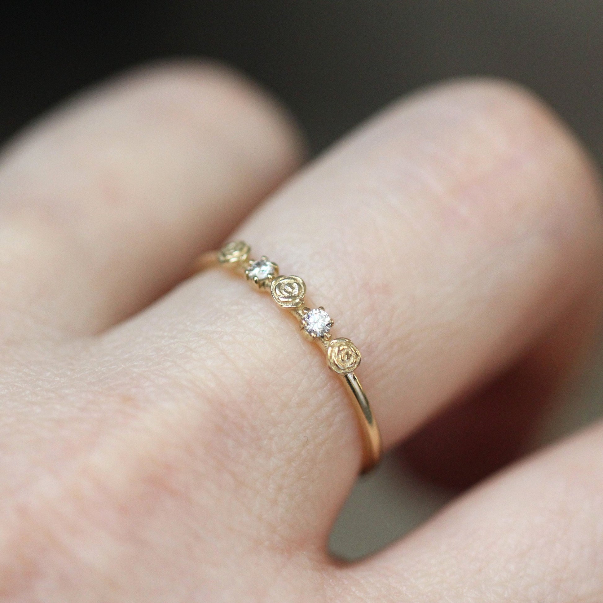 14K Triple Flower Ring, Diamond Rose Ring, Boquete Ring, Stacking Ring, 10K Gold, Real Gold, Solid Gold, Dainty Flower Ring, Rose Ring