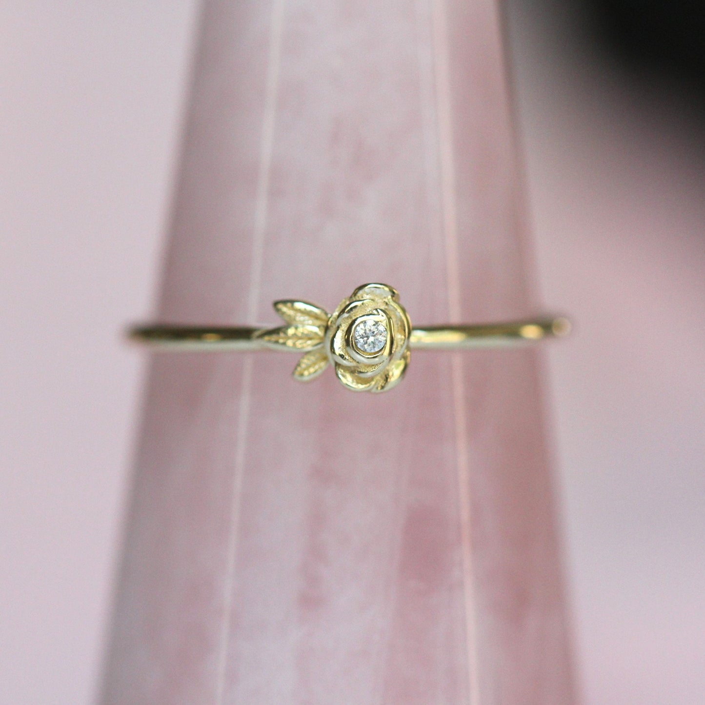 14K Gold Single Rose Ring, Diamond Rose Ring, Single Flower Ring, Stacking Flower Ring, Petite Flower Ring, Gifts for her, Diamond Ring