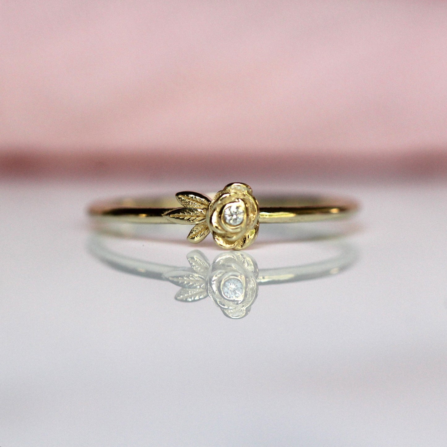 14K Gold Single Rose Ring, Diamond Rose Ring, Single Flower Ring, Stacking Flower Ring, Petite Flower Ring, Gifts for her, Diamond Ring