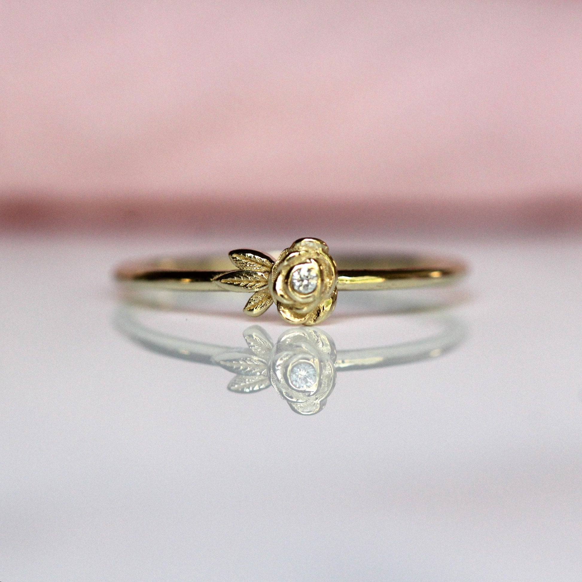 14K Gold Single Rose Ring, Diamond Rose Ring, Single Flower Ring, Stacking Flower Ring, Petite Flower Ring, Gifts for her, Diamond Ring
