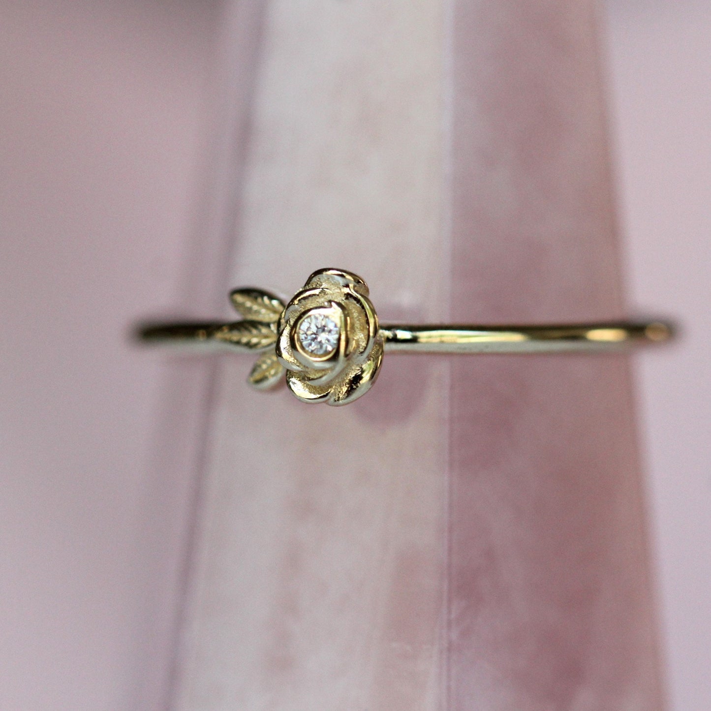 14K Gold Single Rose Ring, Diamond Rose Ring, Single Flower Ring, Stacking Flower Ring, Petite Flower Ring, Gifts for her, Diamond Ring