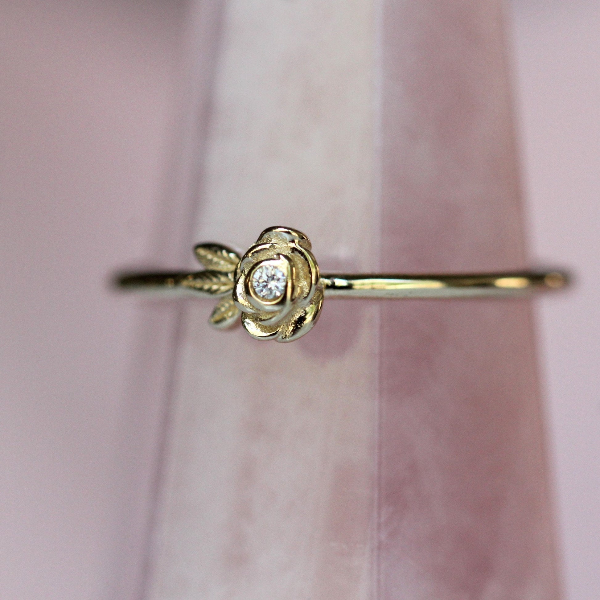 14K Gold Single Rose Ring, Diamond Rose Ring, Single Flower Ring, Stacking Flower Ring, Petite Flower Ring, Gifts for her, Diamond Ring