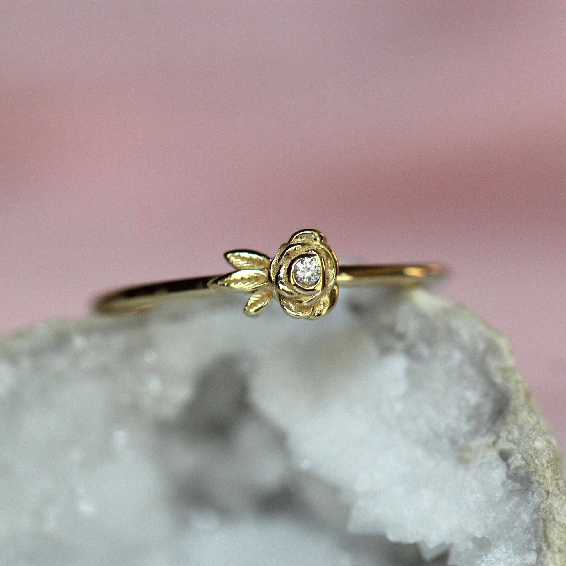 14K Gold Single Rose Ring, Diamond Rose Ring, Single Flower Ring, Stacking Flower Ring, Petite Flower Ring, Gifts for her, Diamond Ring