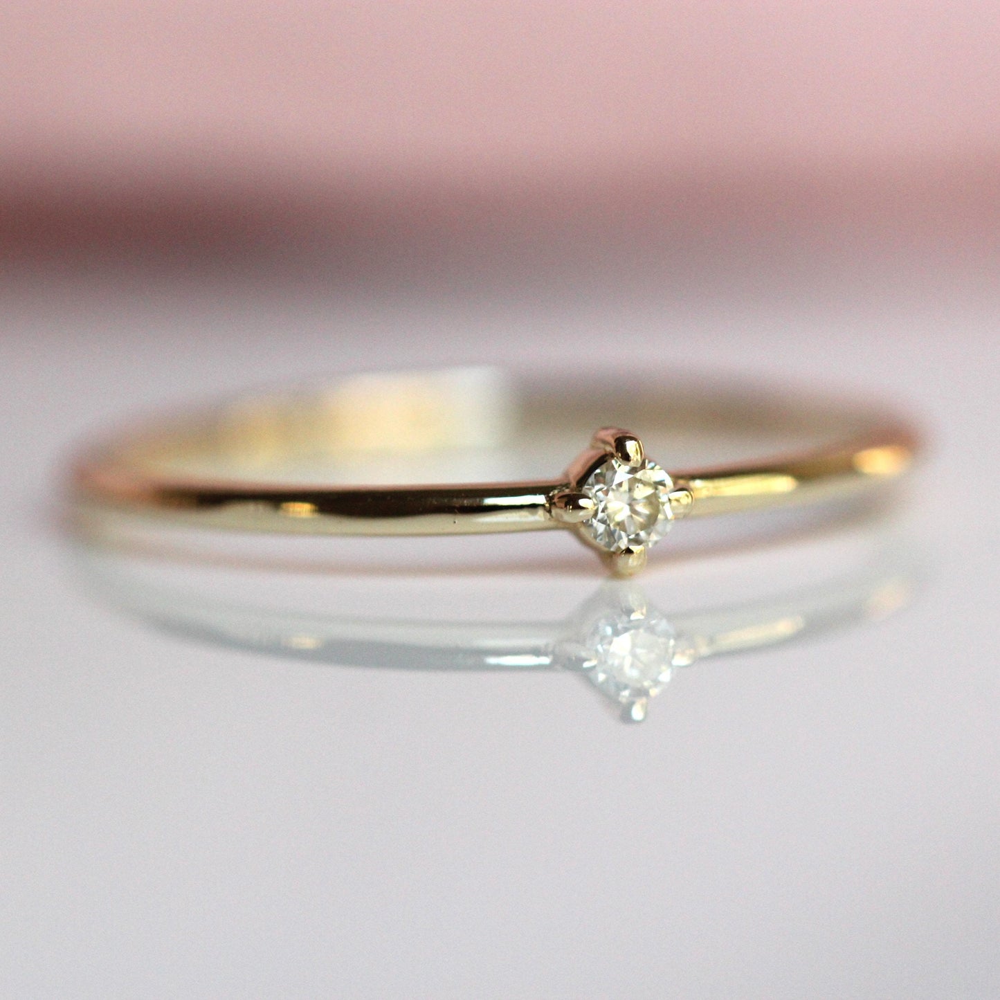 14K Gold Tiny Diamond Ring, Diamond Ring, Small Diamond Ring, Stacking Ring, April Birthstone, Four Prong Ring, Real Gold, Solid Gold