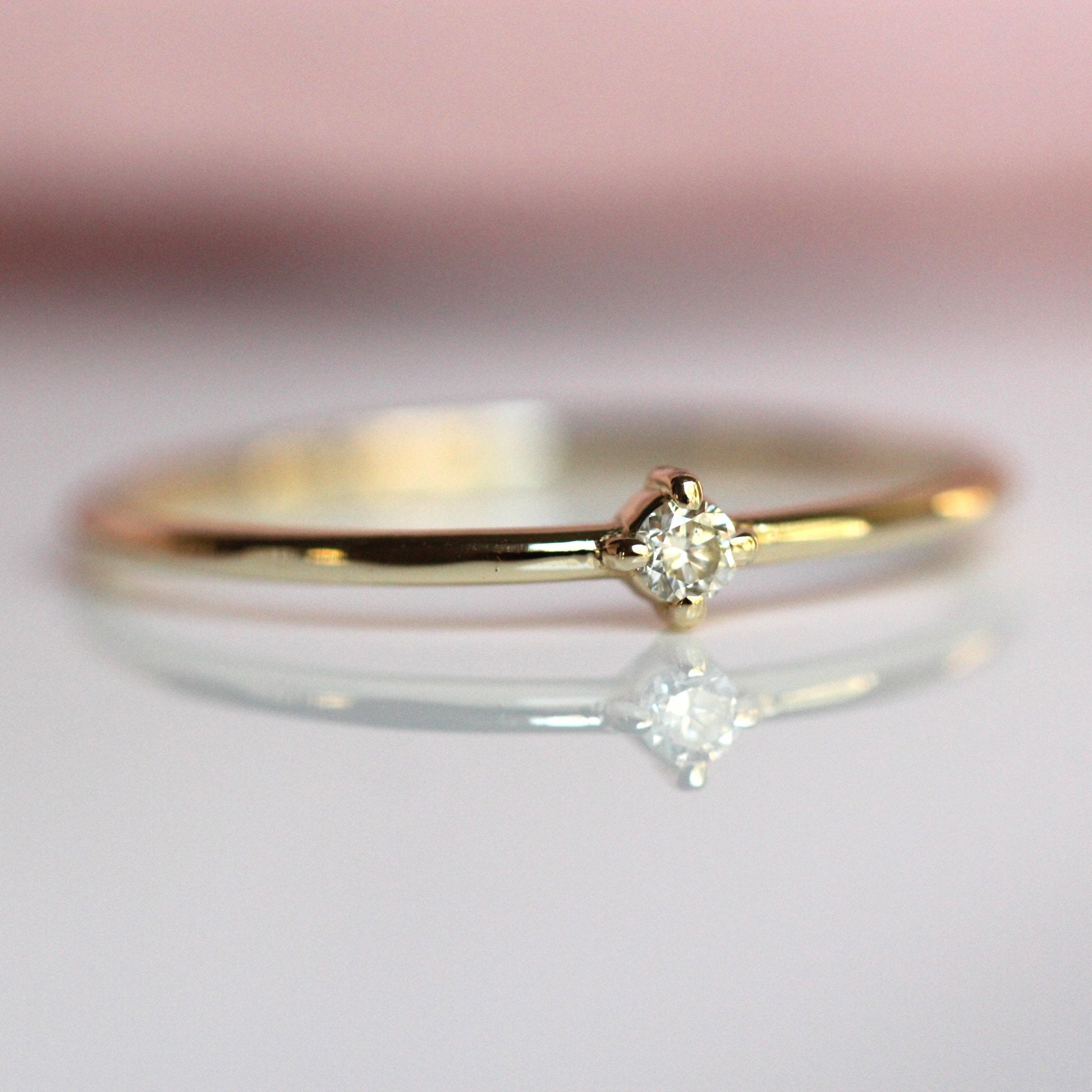 14K Gold Tiny Diamond Ring, Diamond Ring, Small Diamond Ring, Stacking Ring, April Birthstone, Four Prong Ring, Real Gold, Solid Gold